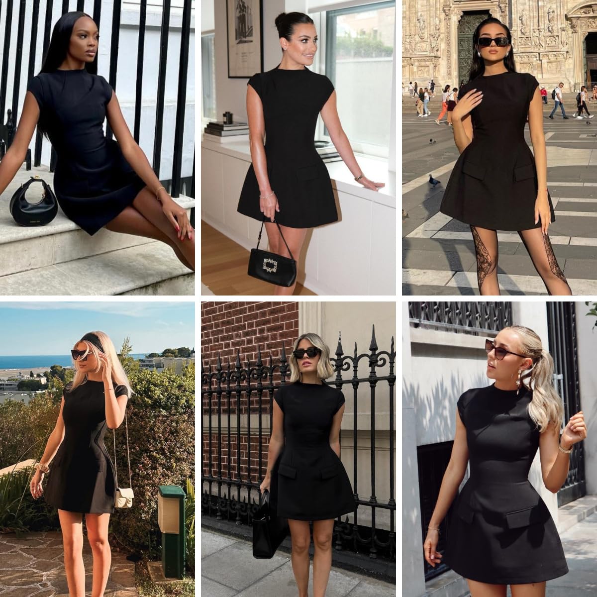 Suillty Women's Elegant Mini Dress with Pockets - Short Sleeve Mock Neck A-Line Bodycon Party Cocktail Dress for Night Out, Date Night, Wedding Guest & Summer Vacation