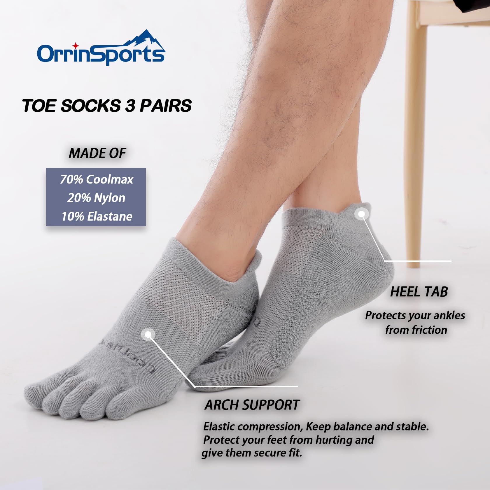 Coolmax Cushioned Toe Socks for Men & Women - 3 Pairs Breathable Five Finger Athletic Socks for Running, Yoga & Outdoor Activities
