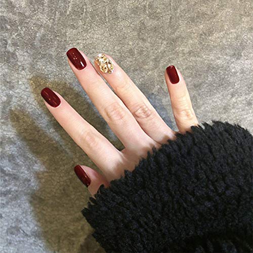 Aimimier 24Pcs Short Square False Nails with Rhinestones - Deep Red Crystal Press on Nails with Glue & Stickers - Salon Quality Fake Nails for Women & Girls - Perfect for Parties, Weddings & Special Occasions (Style 5)
