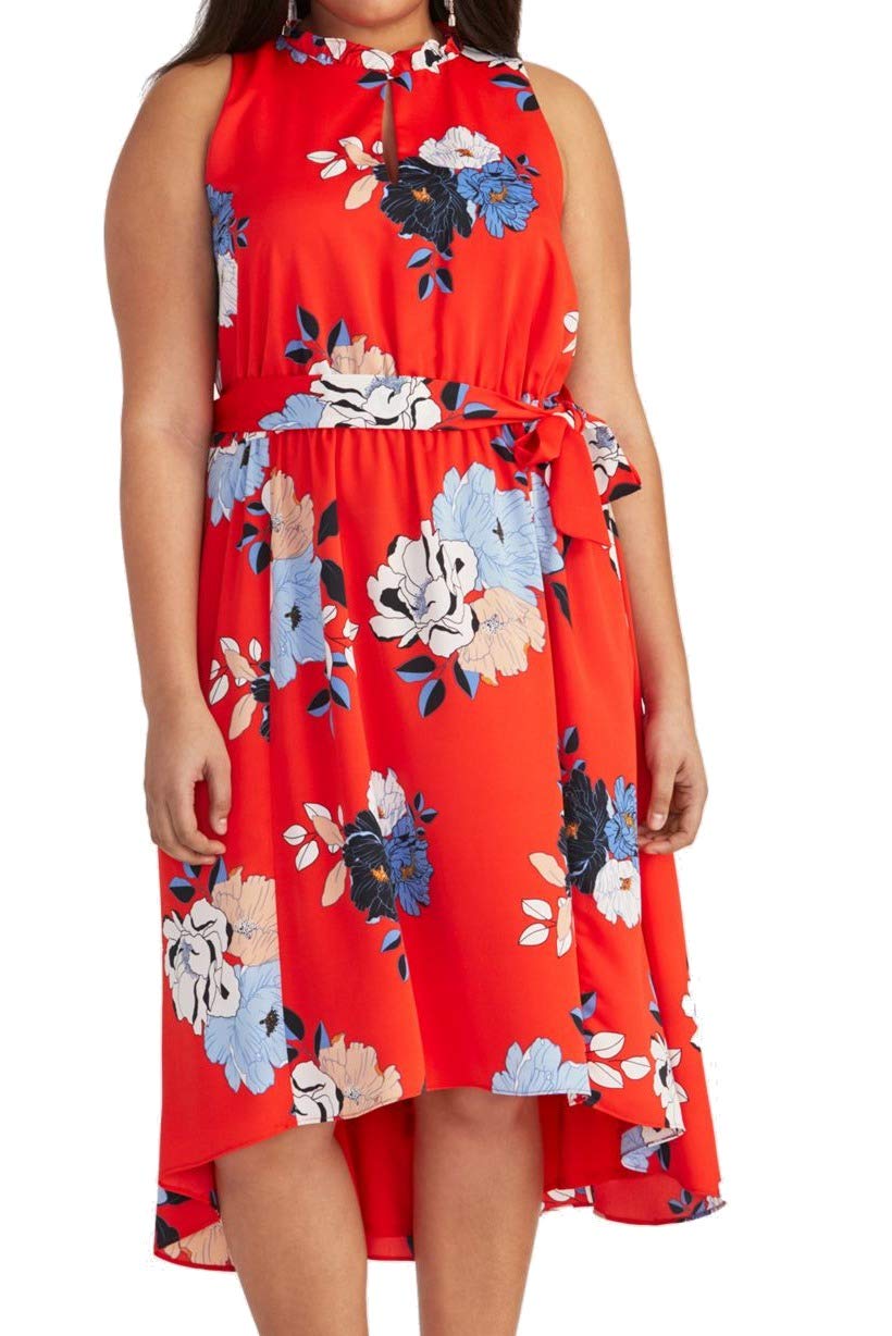 Rachel Roy Women's Plus Size Concetta High-Low Cocktail Dress in Radiant Red Combo - Size 2X | Flowy Party Dress for Evening Events, Weddings & Special Occasions