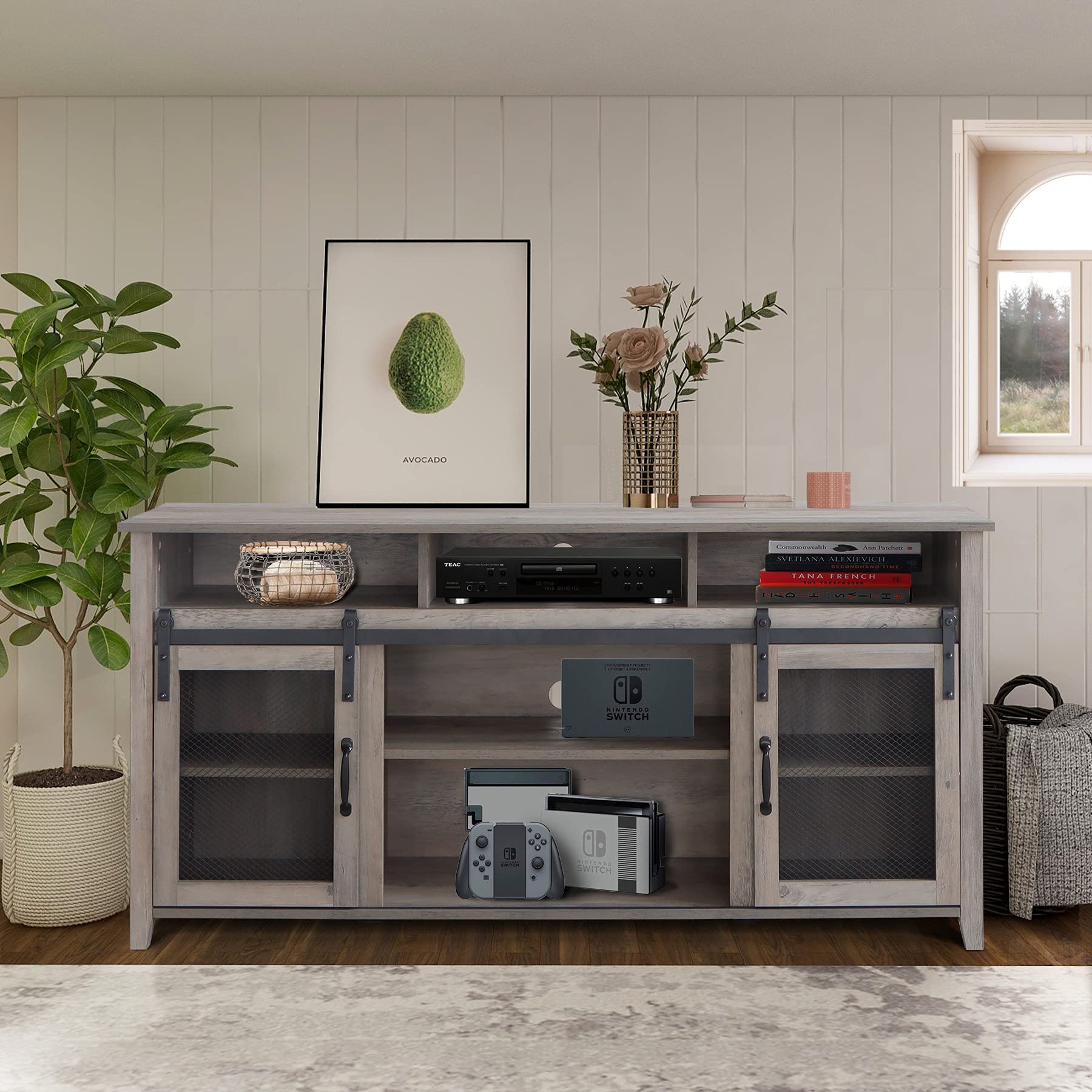 58 Inch TV Stand with Sliding Barn Doors - Media Storage Console for TVs up to 65 Inches - Rustic Grey Entertainment Center for Living Room, Bedroom & Home Theater