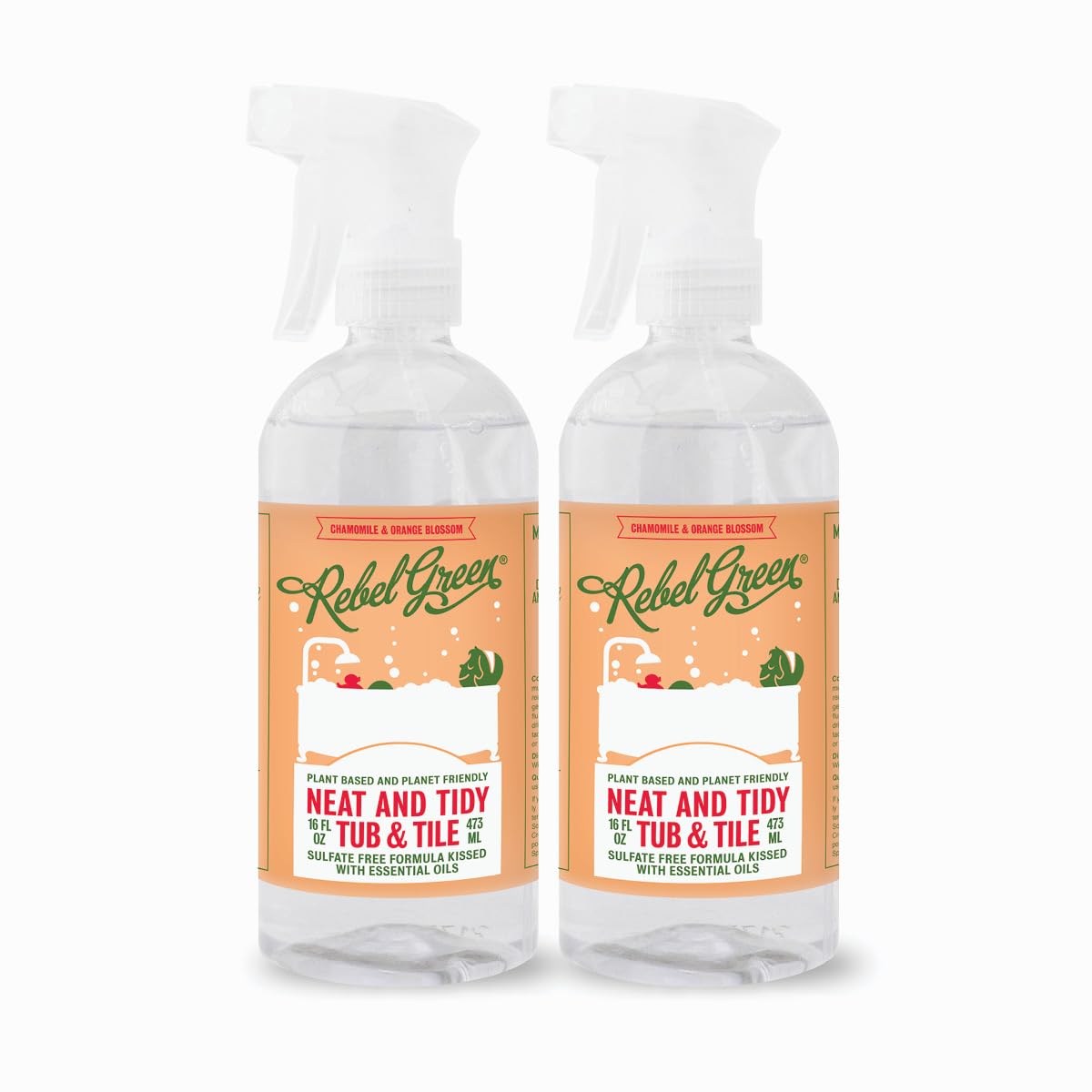 Rebel Green All-Natural Tub & Tile Cleaner Spray - Chamomile & Orange Blossom Scent, Non-Toxic Bathroom Cleaner for Shower, Bathtub & Sink (2-Pack, 16oz Each) | Perfect for Deep Cleaning & Refreshing Bathrooms Naturally