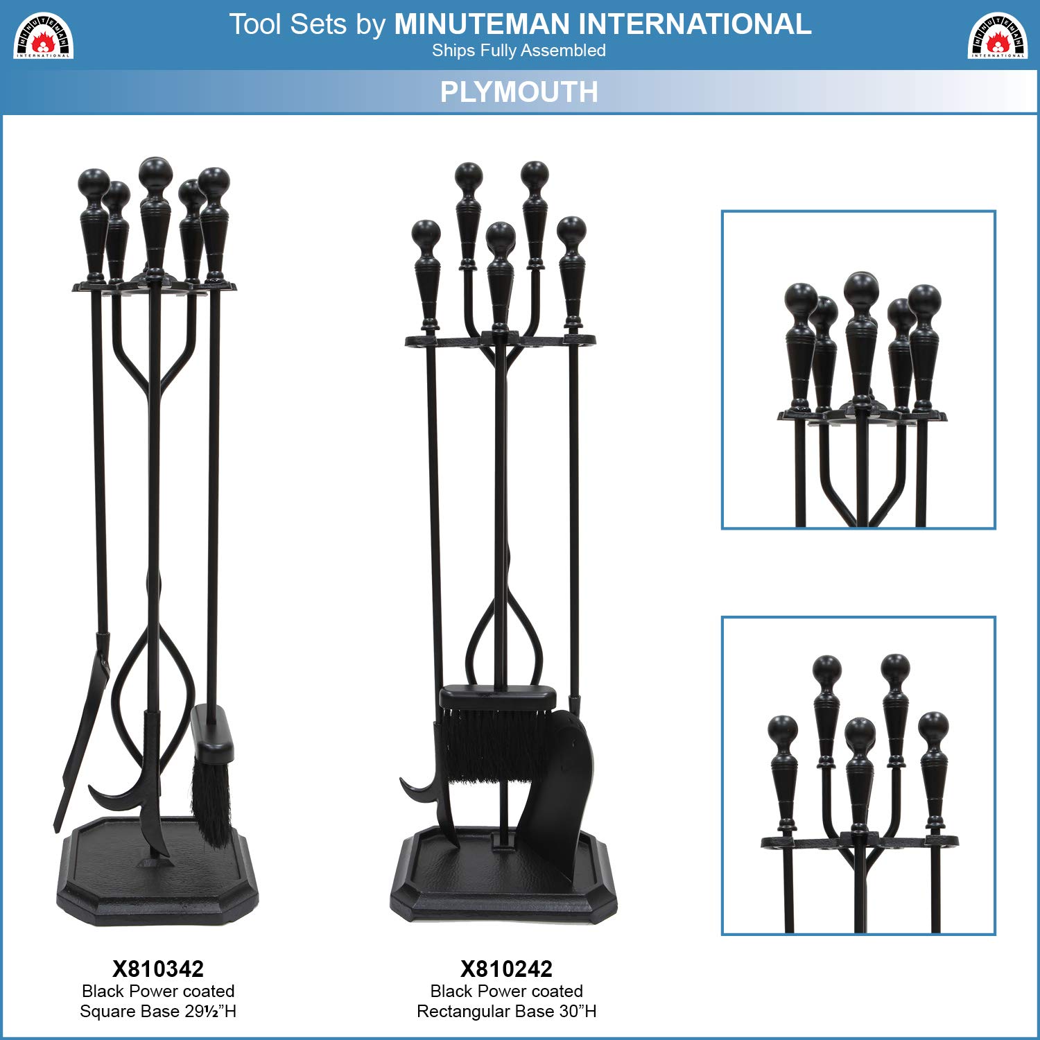 Plymouth 5-Piece Fireplace Tool Set with Square Base - Durable Fireplace Accessories for Home & Outdoor Fire Pits