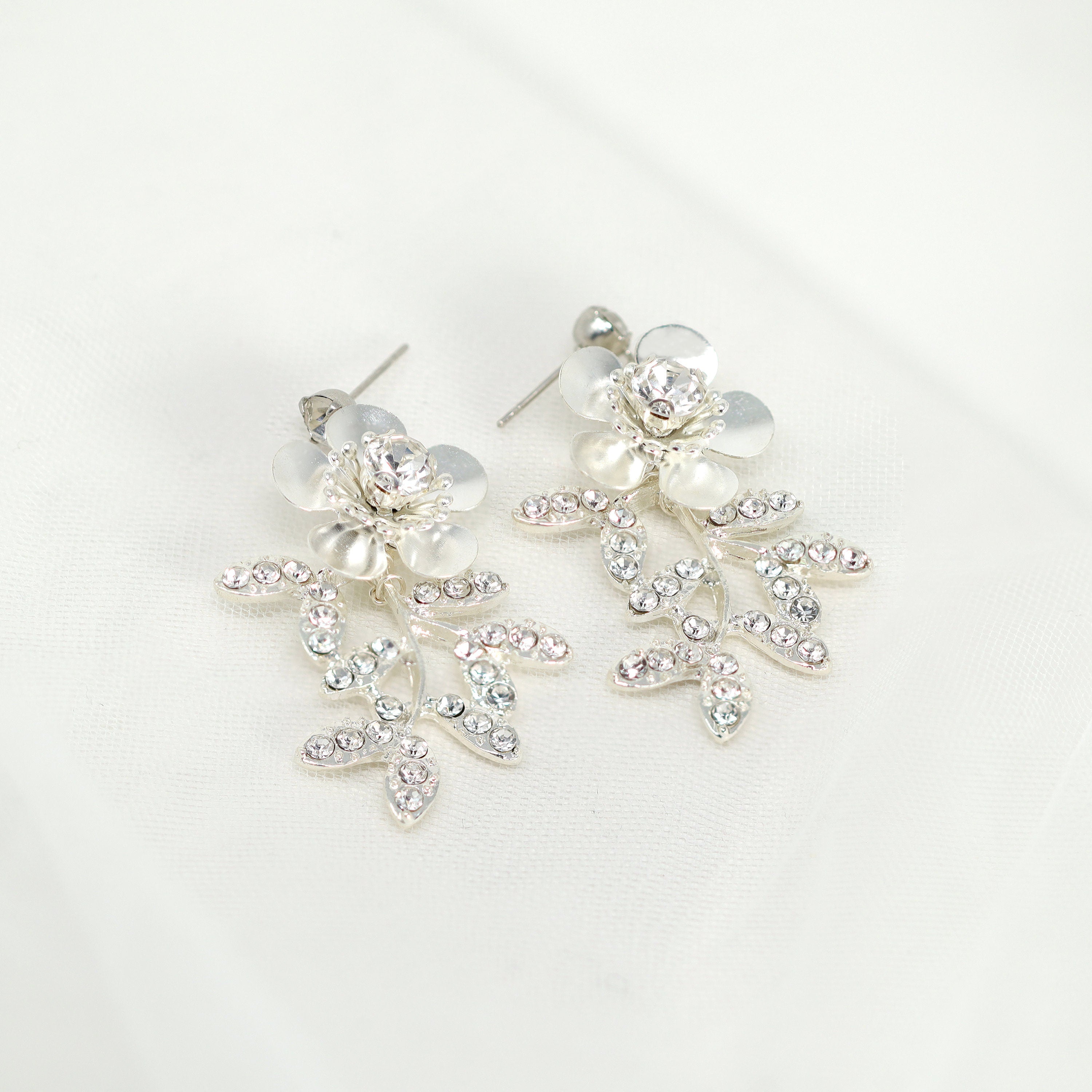 Swarovski Crystal Floral Petals Dream Rhinestone Earrings - Long Bridal Jewelry, Clip-On Statement Earrings for Weddings, Prom & Special Occasions