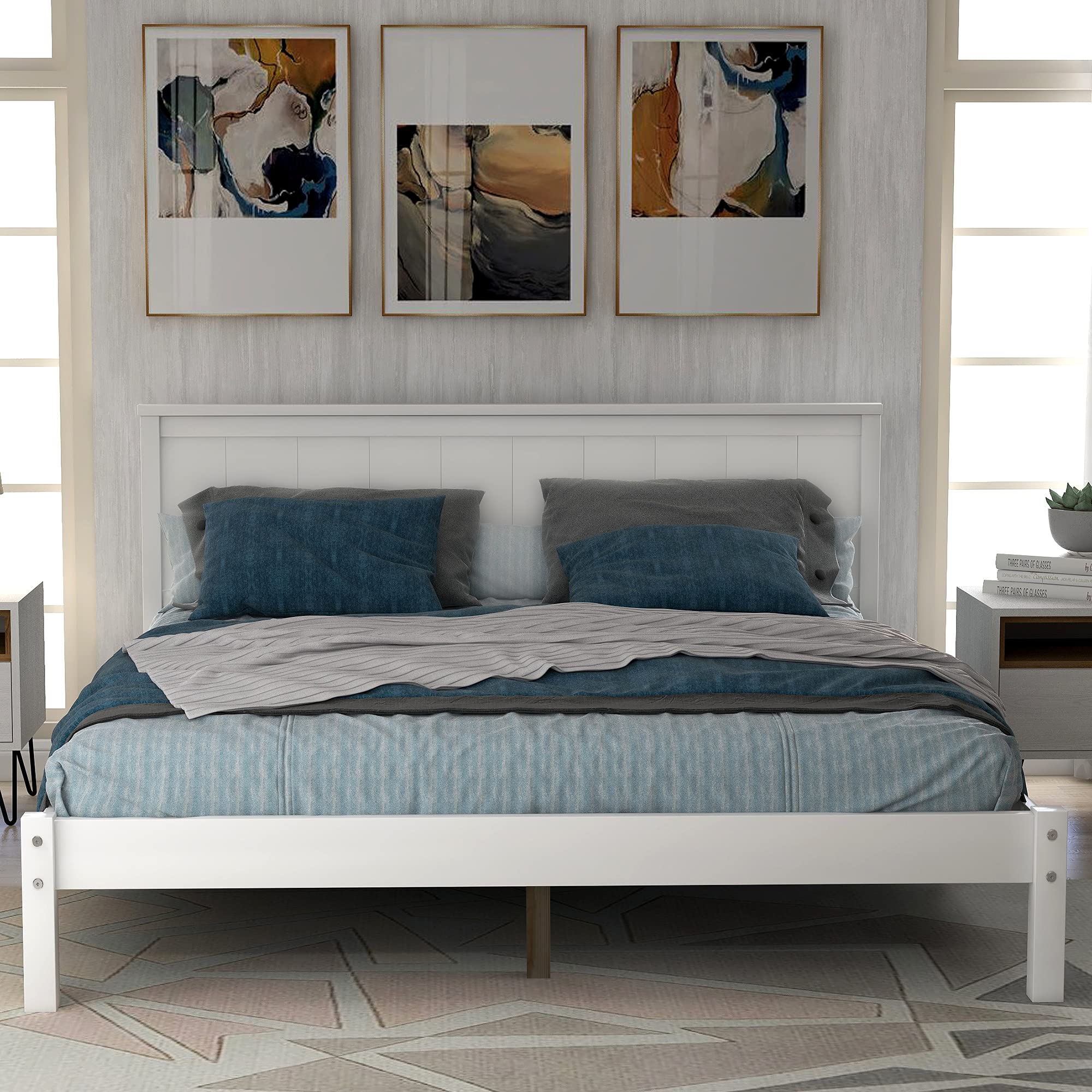 LZ LEISURE ZONE Full Size Wood Platform Bed Frame with Headboard - Sturdy Wood Slat Support, No Box Spring Required, White - Perfect for Modern Bedrooms, Guest Rooms & Small Spaces