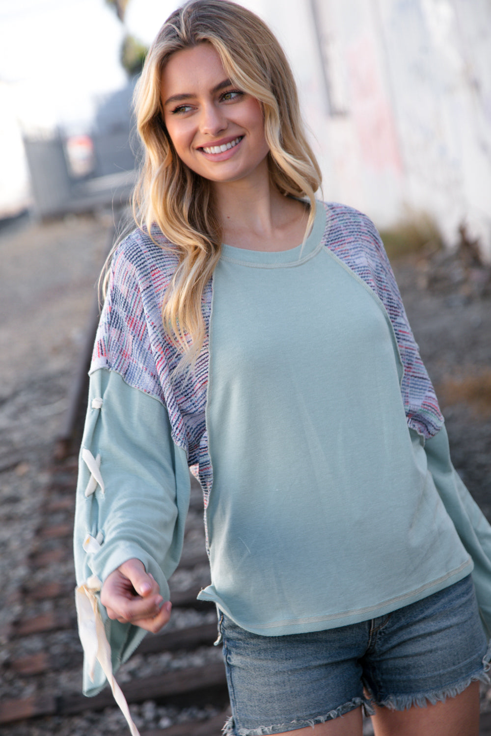 Stylish Mint Lace-Up Long Sleeve French Terry Oversized Pullover Sweatshirt | Women's Casual Loungewear for Fall & Winter | Perfect for Coffee Dates, Weekend Errands and Cozy Nights
