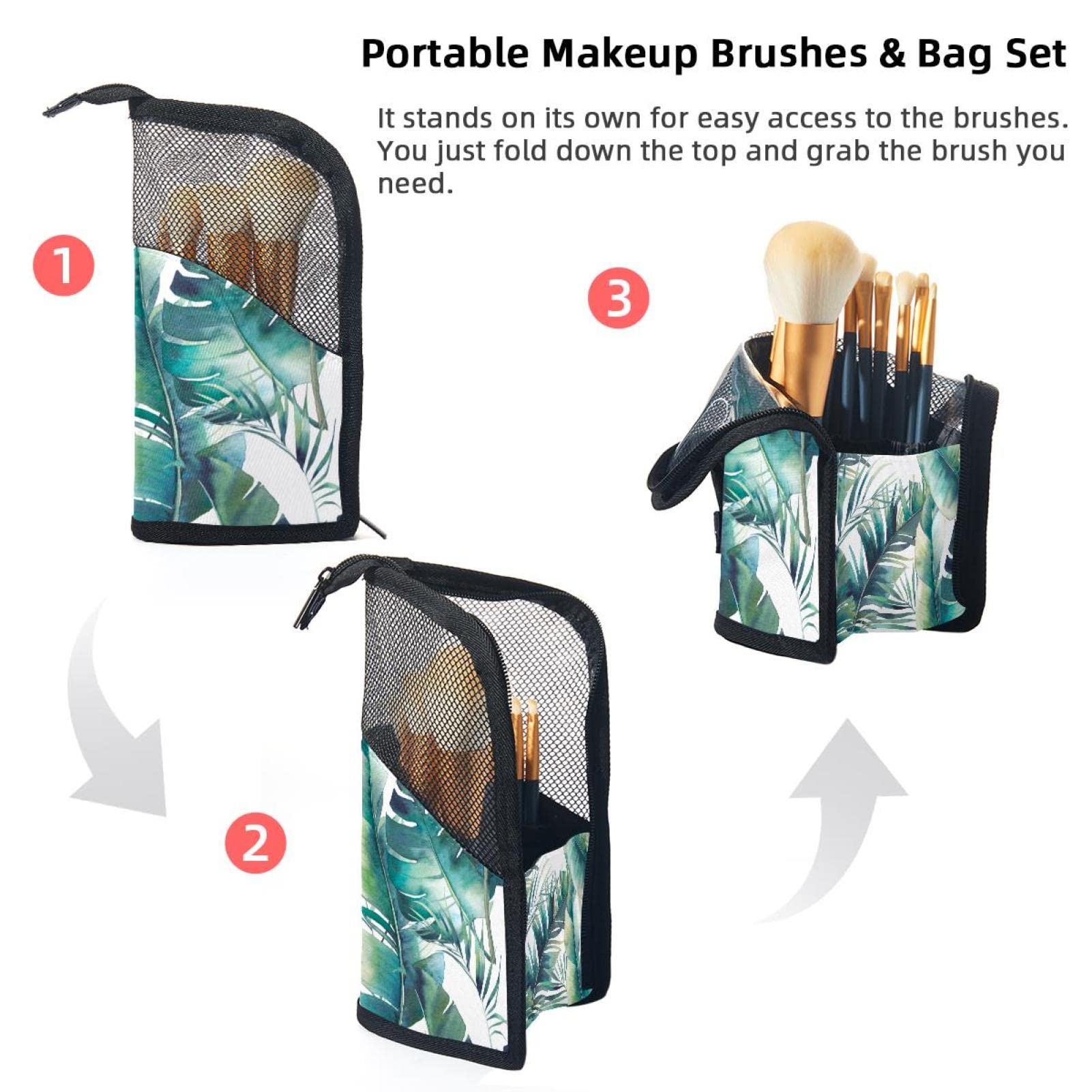 Premium Makeup Brush Organizer Bag with 12 Slots - Portable Travel Cosmetic Brush Holder Case (Palm Leaf Tropical Design) - Perfect for Home Storage & On-the-Go Makeup Artists