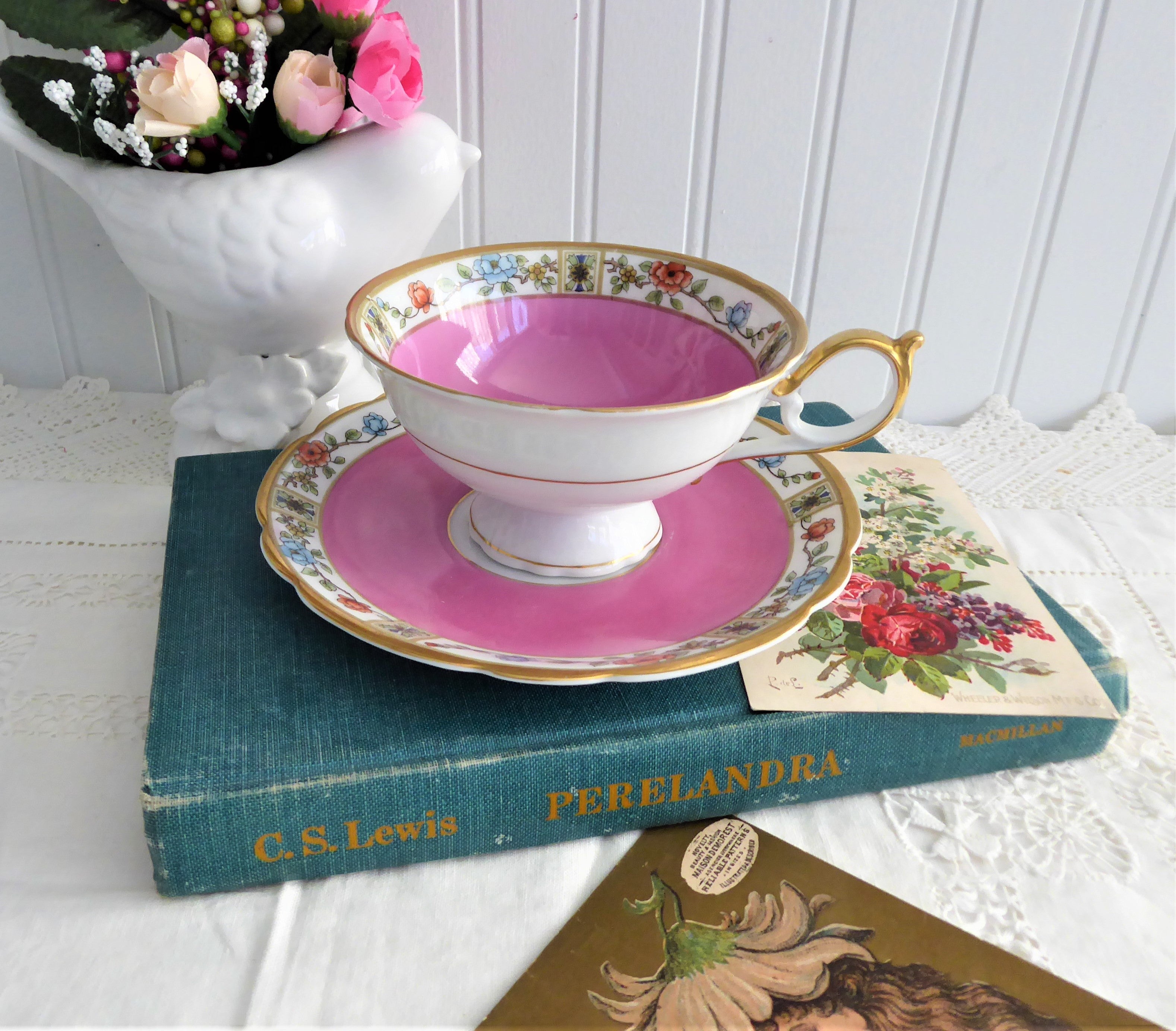 Vintage Royal Bayreuth Bavaria Pink Floral Cup and Saucer Set - 1920s Bayreuther Porcelain with Decorative Borders - Perfect for Afternoon Tea, Collectible Display, or Vintage Home Decor