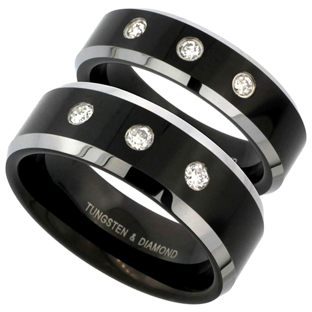 2-Ring Set 6mm & 8mm Black Tungsten 3 Stone Diamond Wedding Band for Men - Two-Tone Beveled Comfort Fit Sizes 5-13 - Perfect for Anniversary, Engagement & Everyday Wear