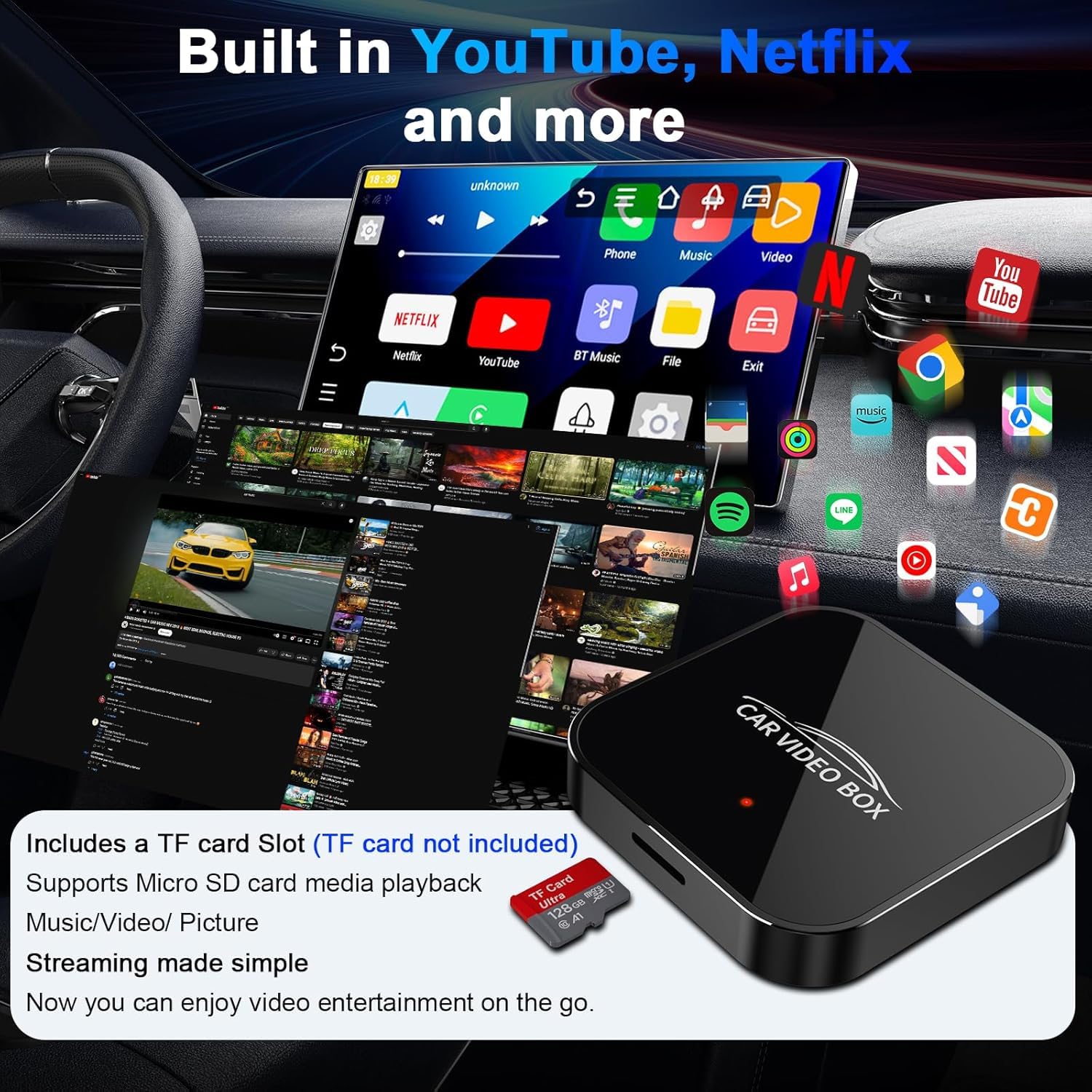 2024 Wireless CarPlay Adapter for iPhone - 5GHz WiFi Android Auto Dongle with YouTube Streaming | Plug & Play Setup | Convert Wired to Wireless CarPlay | Perfect for Tesla, BMW, Toyota & More | Enjoy Movies, Music & Navigation on Your Car Screen