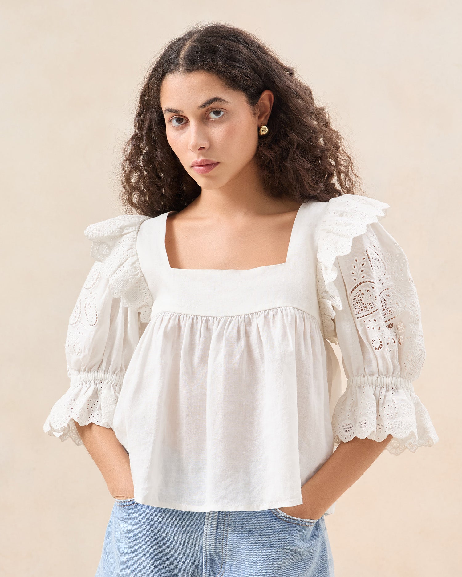 Penelope White Puff Sleeve Blouse for Women - Elegant Ruffle Top with Flowy Fabric - Perfect for Office, Date Night & Special Occasions