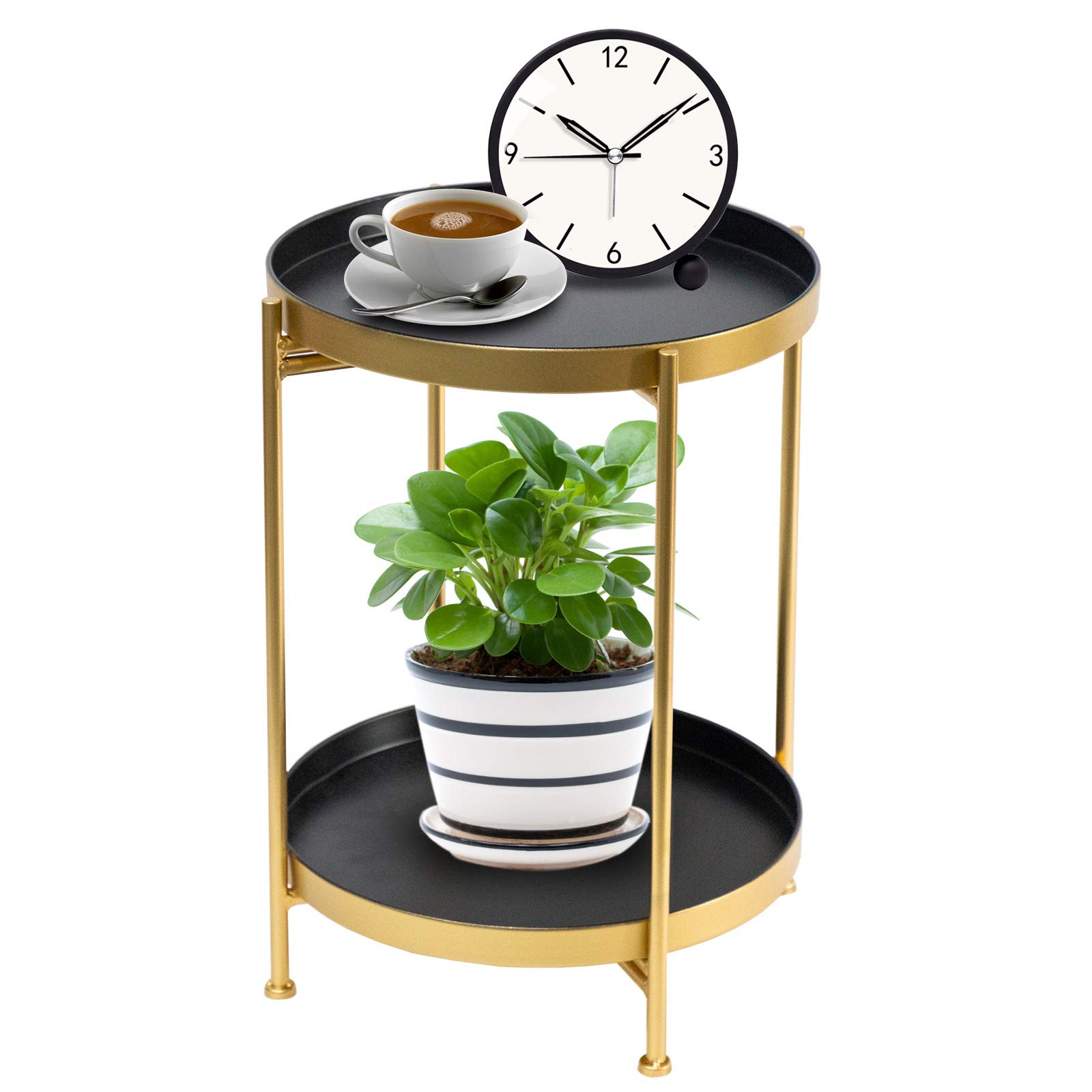 Round Foldable Side Table with Removable Trays - Space Saving Metal End Table for Living Room, Hallway & Bedroom - Industrial Style Black & Gold Telephone Table - Easy Assembly Home Decor