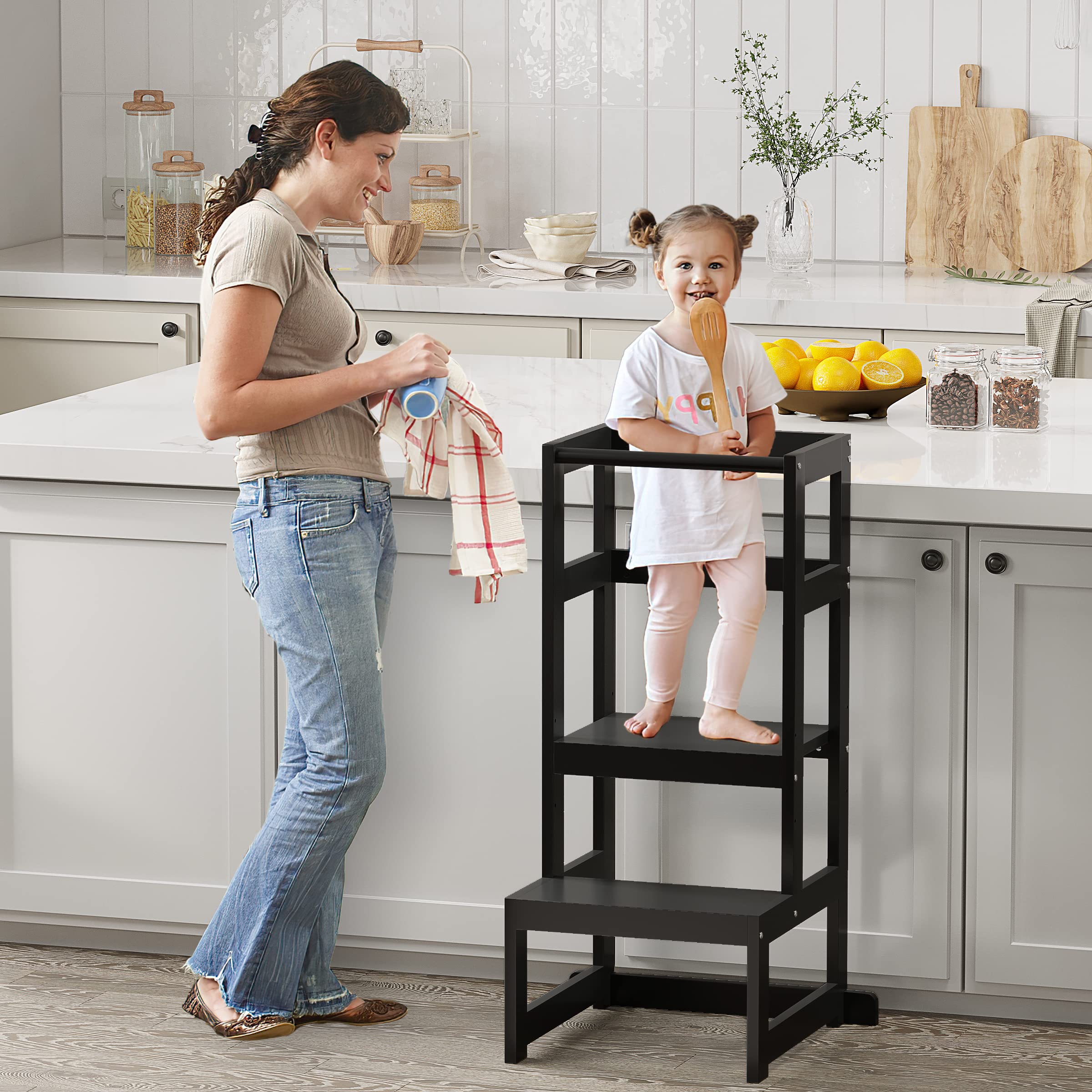 AMBIRD Adjustable Wooden Step Stool for Toddlers 18-48 Months - 3 Height Levels with Safety Rail & Non-Slip Mat - Kitchen & Bathroom Helper for Kids - Perfect for Washing Hands, Brushing Teeth & Reaching Countertops (Black)