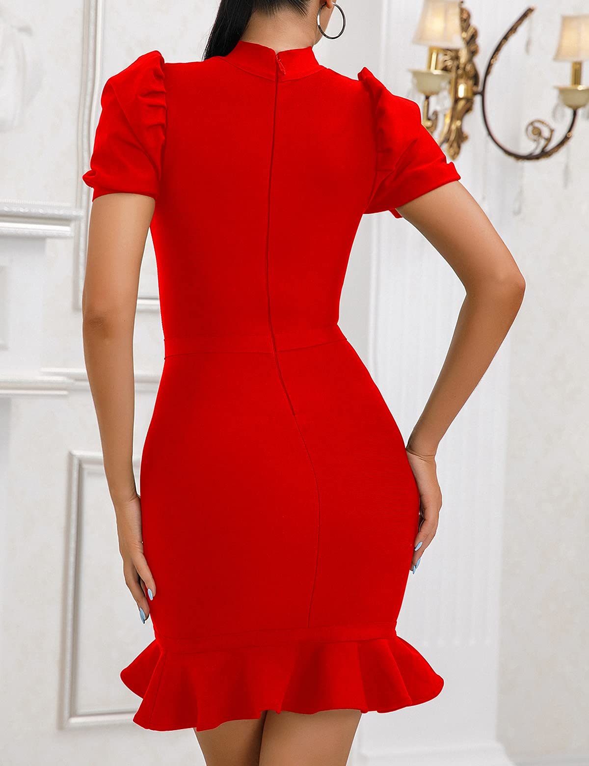 Women's Sexy Puff Sleeve Bandage Bodycon Dress with Fishtail Hem - Elegant Cocktail Party & Wedding Guest Dress for Night Out, Date Night, Club Wear, Formal Events
