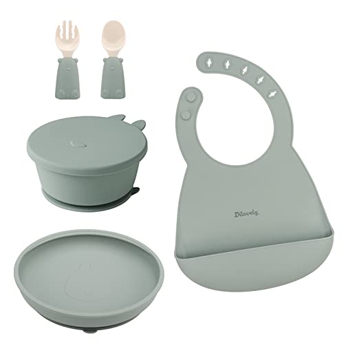 Baby Led Weaning Supplies Set - 6 Pcs BPA Free Silicone Feeding Utensils with Suction Bowls, Plates, Adjustable Bibs & Training Spoon Fork - Safe for Toddlers & Infants - Perfect for First Foods, Self Feeding Practice & Mess-Free Mealtime (Green) - Dilovely