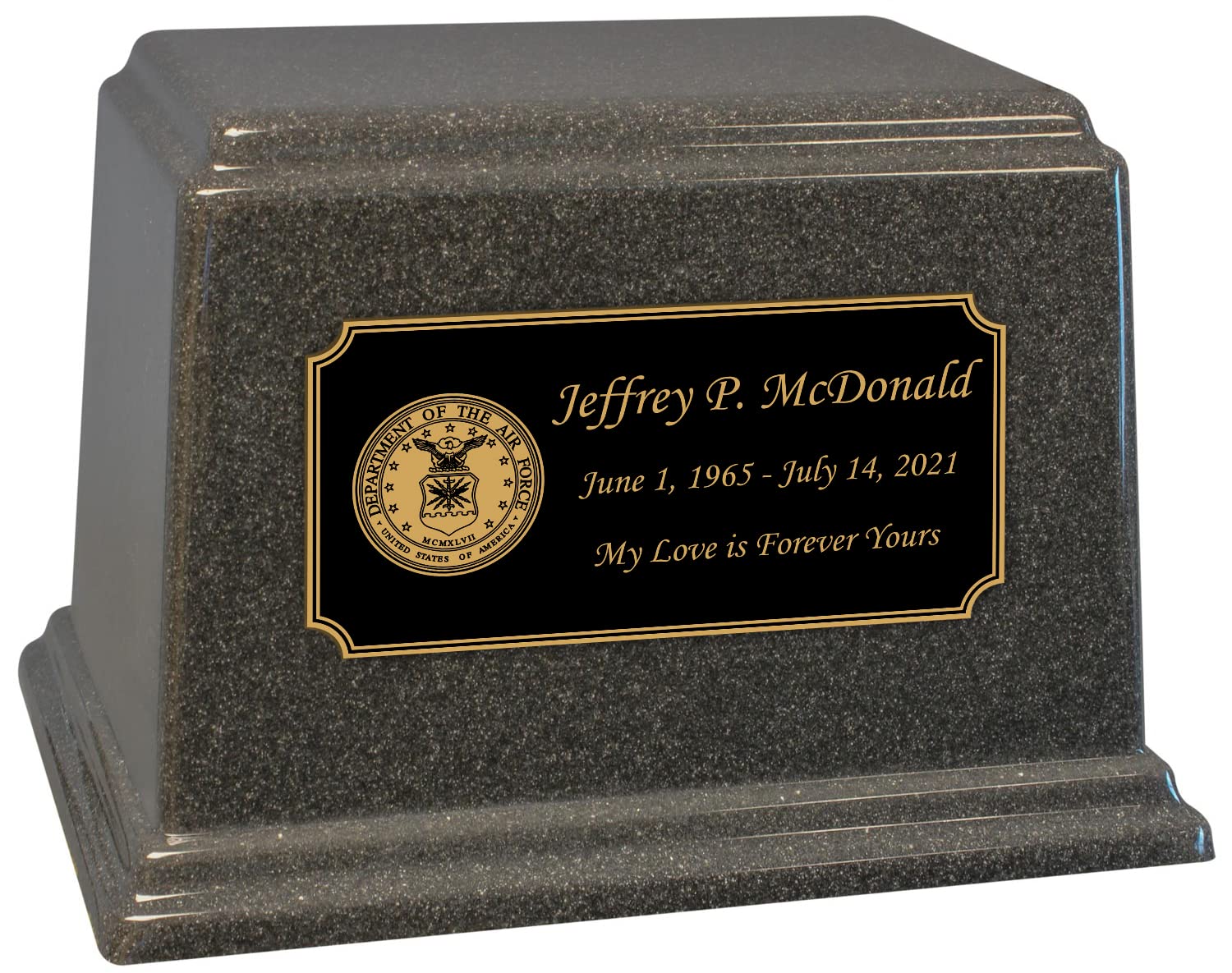 Air Force Charcoal Cremation Urn for Ashes - Personalized Black Nameplate - Cultured Marble Urn (250 Cubic Inch, Holds 250 lbs) - Military Memorial, Funeral Service & Home Display