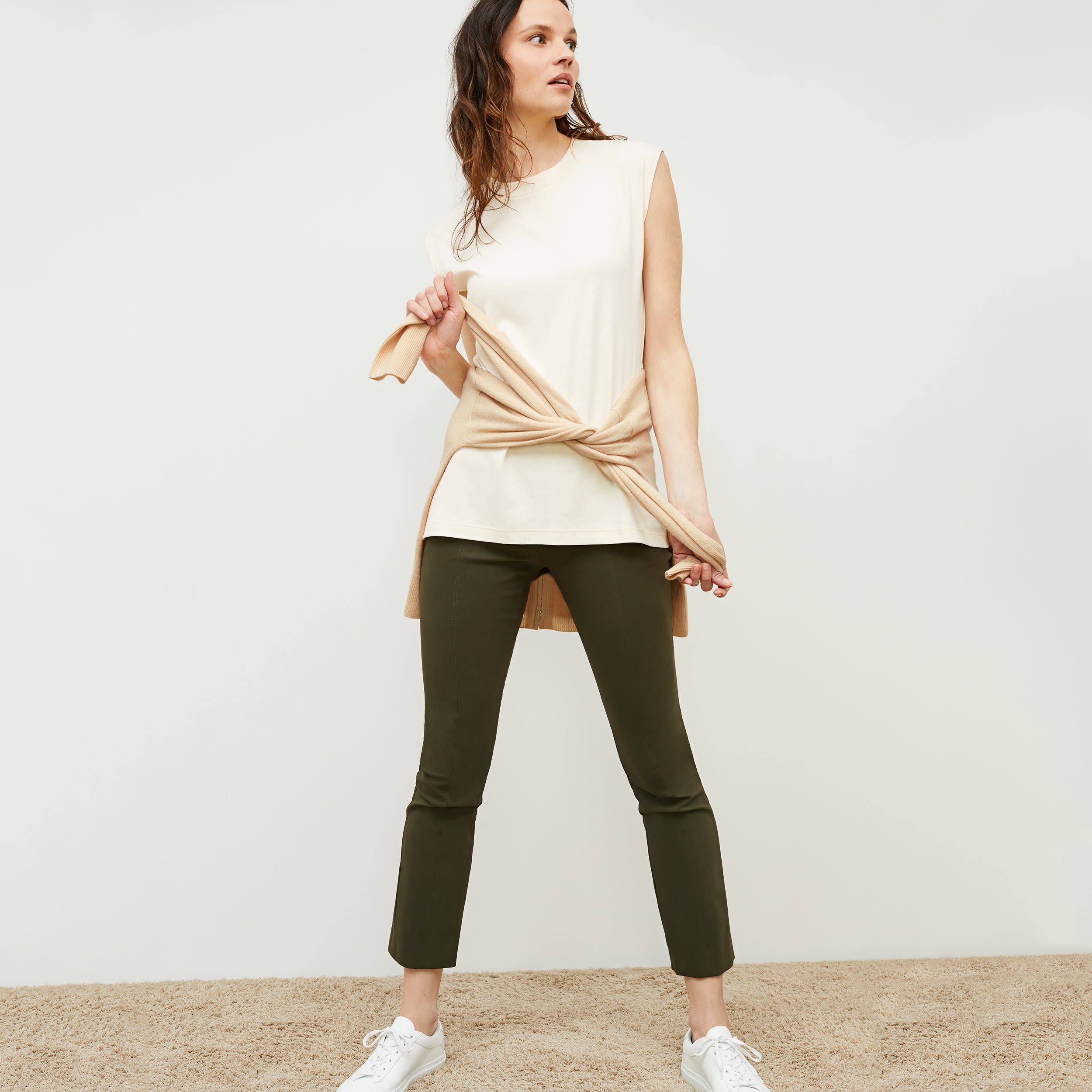 Foster Cigarette Pants for Women - PowerStretch High Waist Slim Fit Trousers in Dark Olive | Perfect for Work, Travel & Outdoor Activities