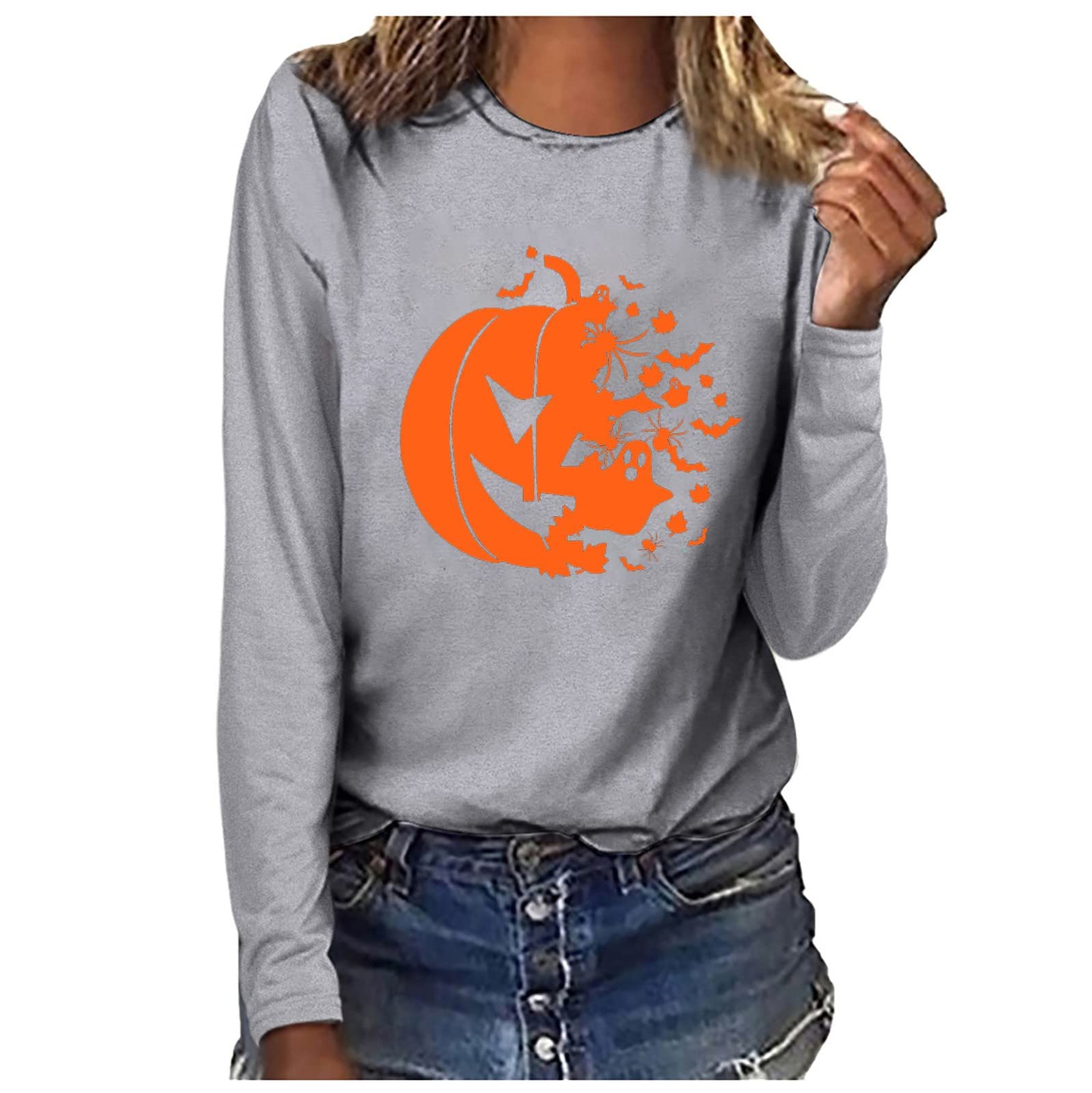 Women's Casual Halloween Printed Long Sleeve T-Shirt - Comfortable Round Neck Loose Fit Top for Women - Perfect for Halloween Parties, Costume Events & Everyday Wear