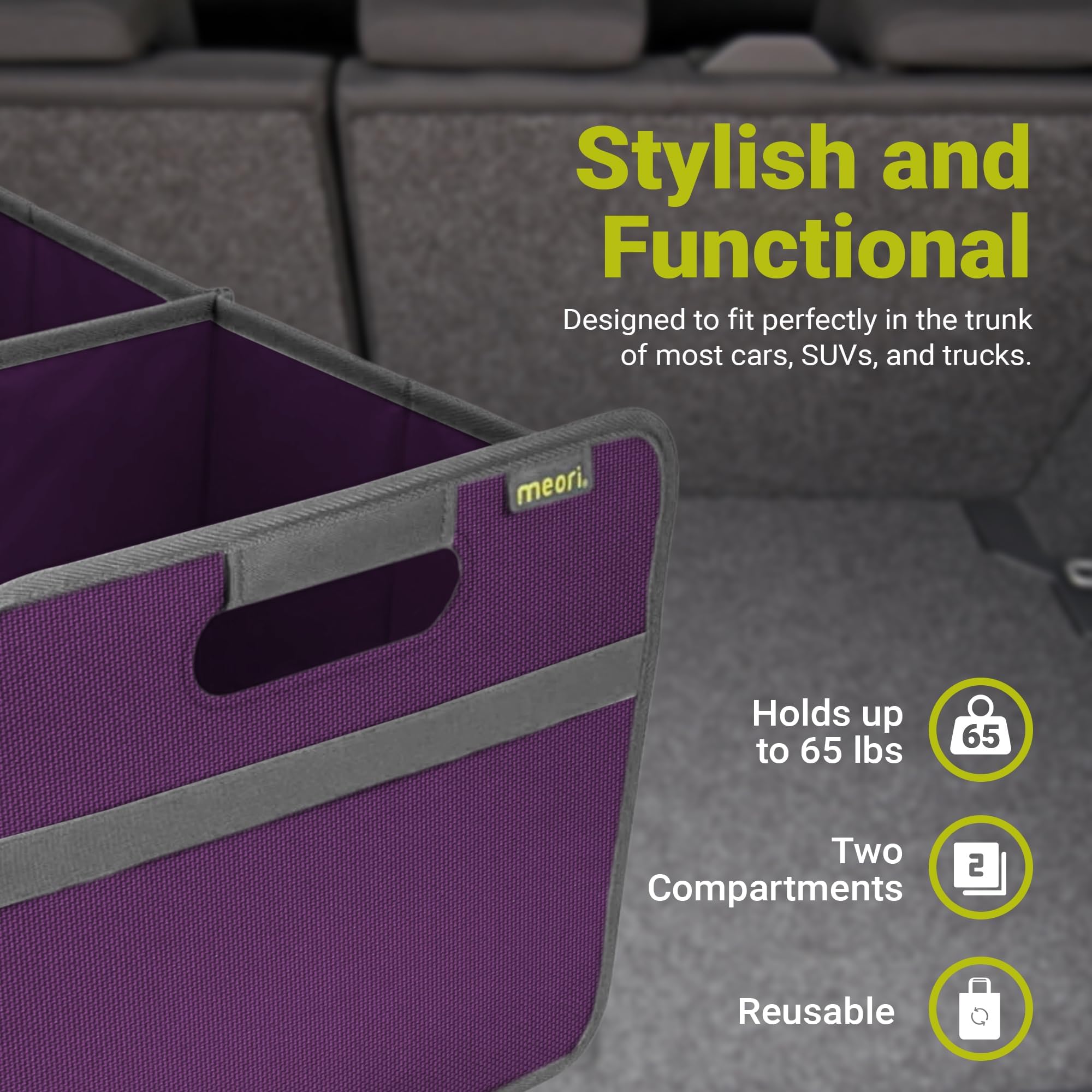 Meori Large Collapsible Trunk Organizer for Car & SUV - 2 Compartments Grocery Storage Bag in Midnight Magenta | Perfect for Road Trips, Shopping & Vehicle Organization
