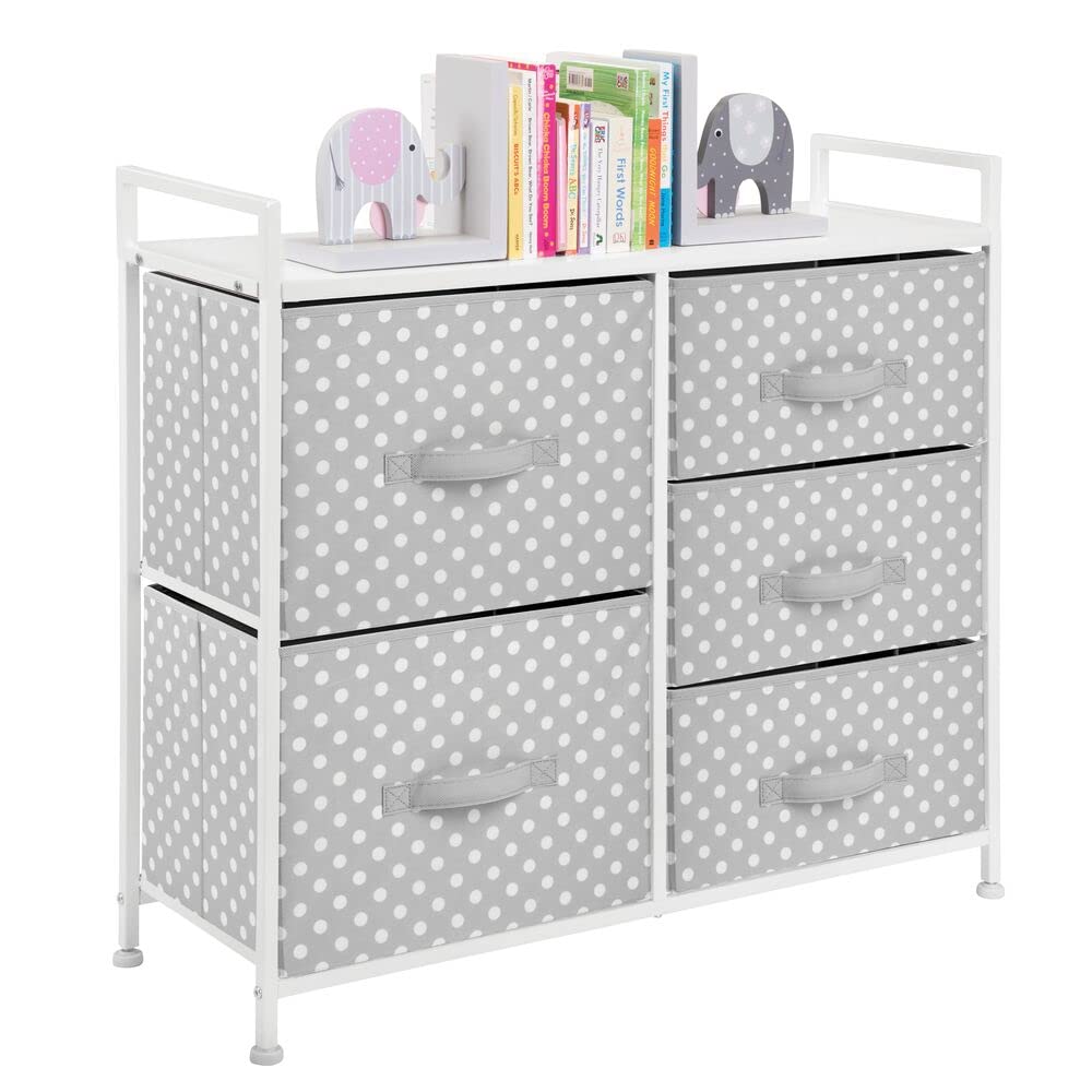 mDesign 5-Drawer Storage Dresser with Removable Fabric Bins - Tall Nursery Organizer for Baby & Kids Clothes, Toys - Gray/White Polka Dot - Perfect for Bedroom, Playroom, Closet Organization & Space Saving