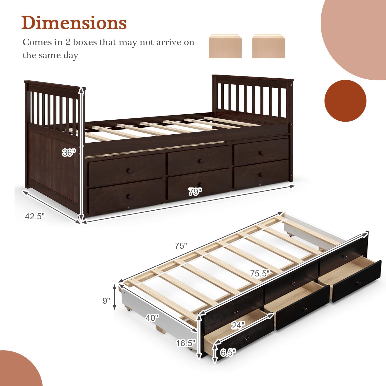Giantex Twin Captain's Bed with Trundle - Wooden Daybed with 3 Storage Drawers for Kids, Teens & Adults - No Box Spring Needed - Espresso Finish - Perfect for Guest Rooms, Small Bedrooms & Dorm Rooms