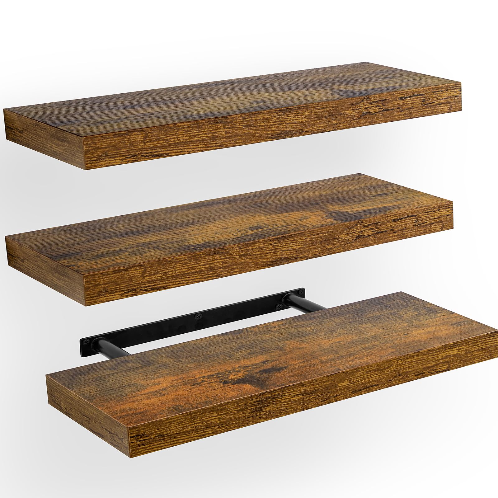 AMADA HOMEFURNISHING Floating Shelves Set of 3 - Rustic Brown Wall Shelves for Bathroom, Living Room, Bedroom & Kitchen Decor with Invisible Brackets | Space-Saving Storage & Display Solution for Small Spaces