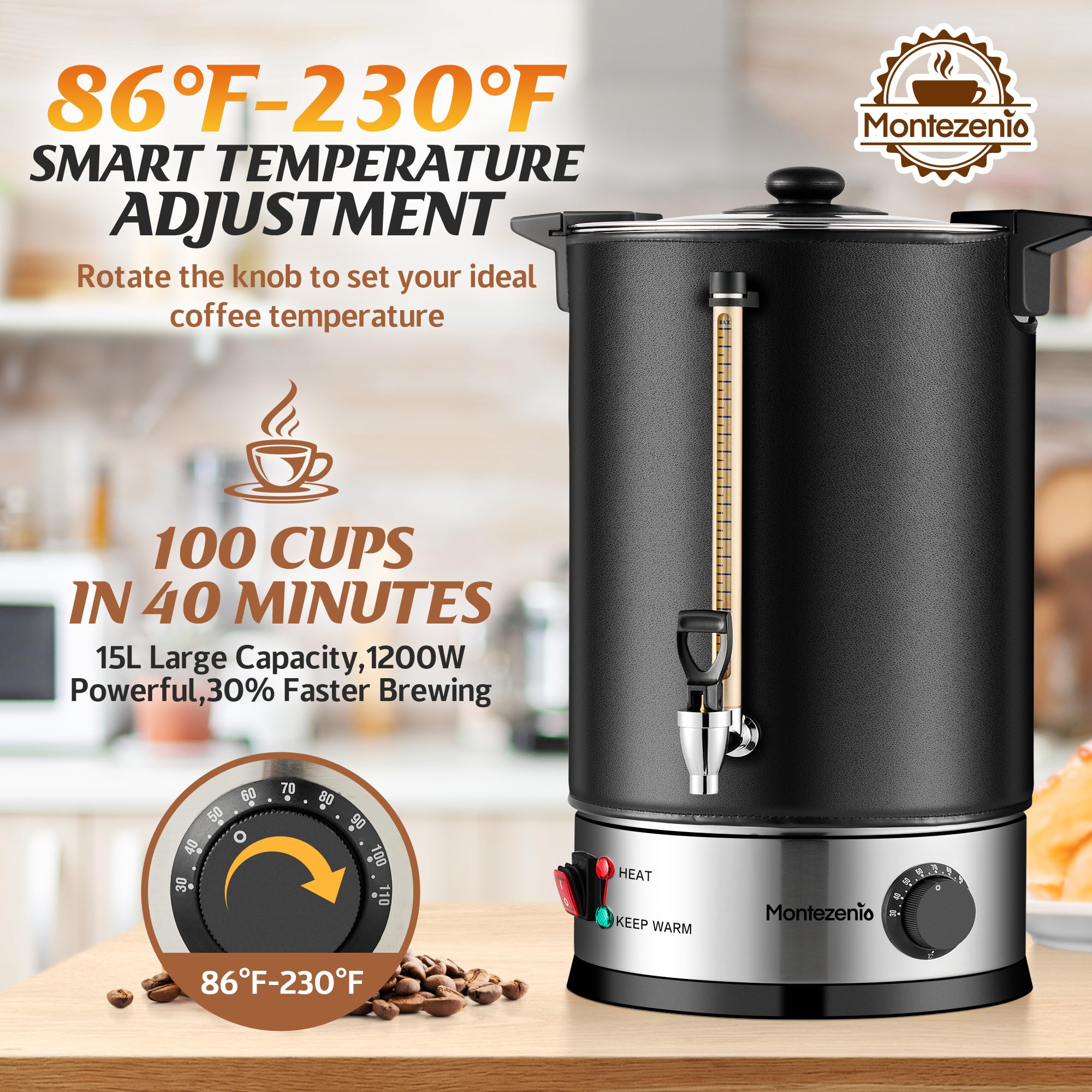 100 Cup Commercial Coffee Urn - 15L Stainless Steel Coffee Dispenser with Thermal Sleeve | Fast Brewing & Temperature Control | Perfect for Home, Office, Party & Catering | Water Level Indicator & Display