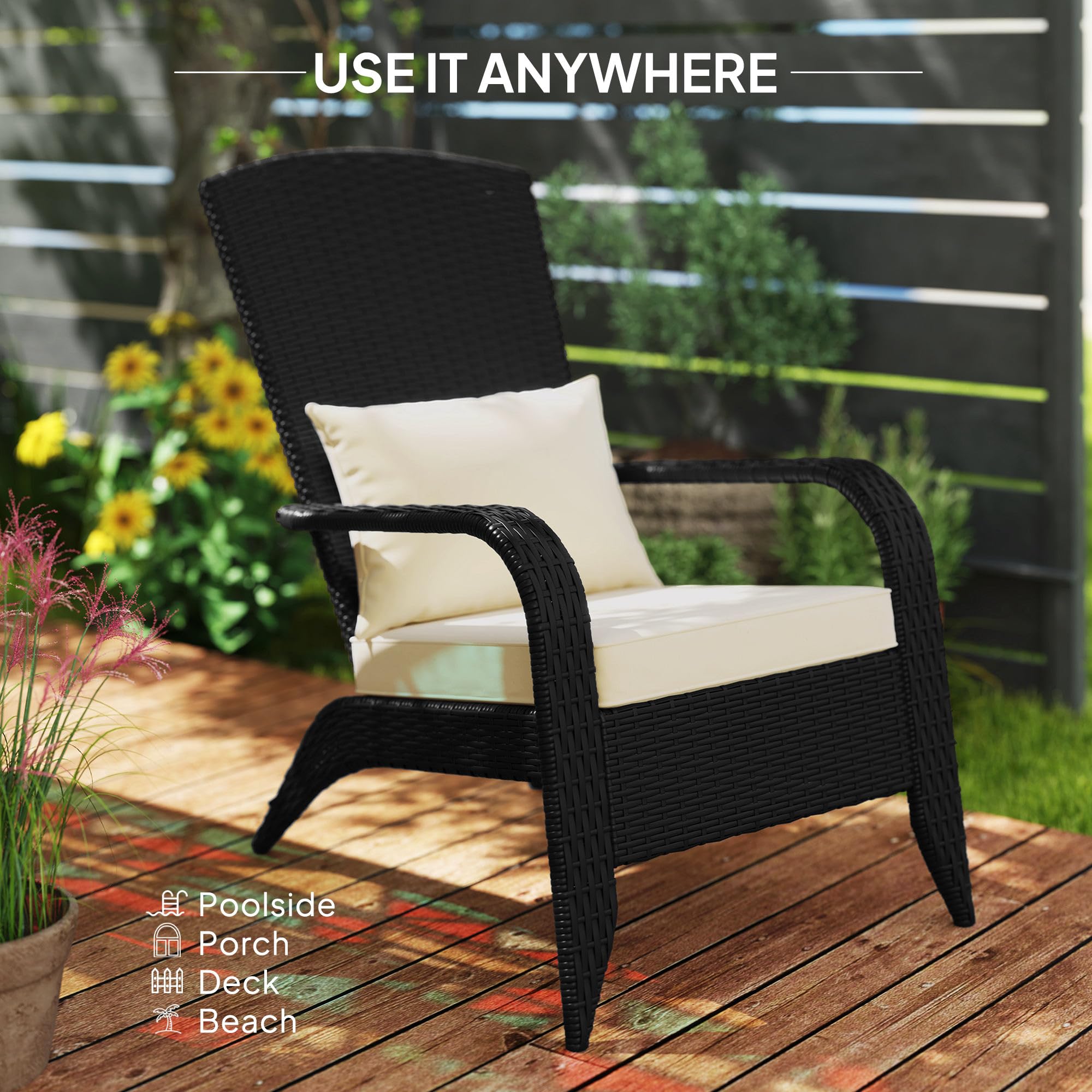 Outsunny All-Weather Wicker Adirondack Chair with Cushions - Patio Fire Pit Lounge Chair with Curved Backrest & Armrests for Deck, Garden, Poolside - Cream White Outdoor Furniture for Relaxation