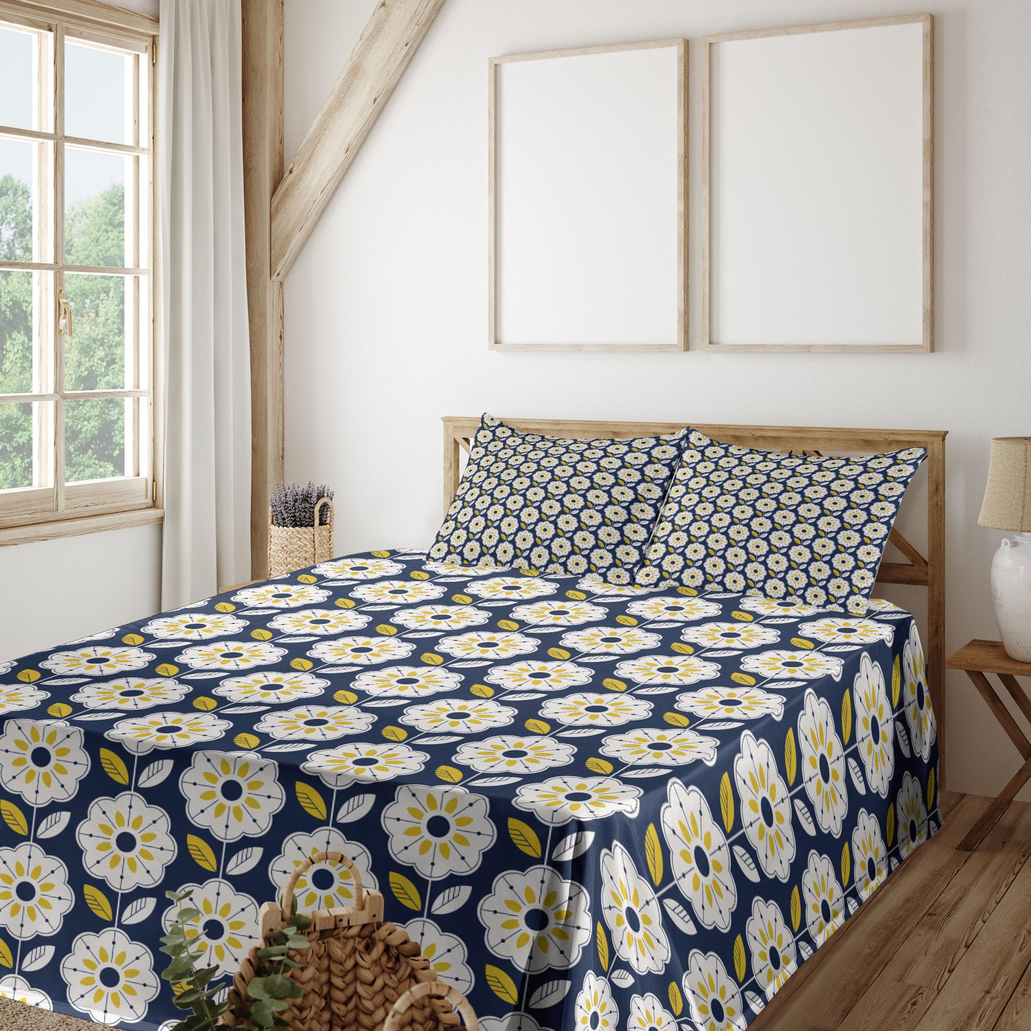 Ambesonne Floral King Sheet Set - Scandinavian Style 8-Petal Flower Design, 4-Piece Bedding Set with Fitted Sheet, Flat Sheet & Pillowcases in Indigo Multicolor - Perfect for Master Bedroom, Guest Room & Vacation Homes