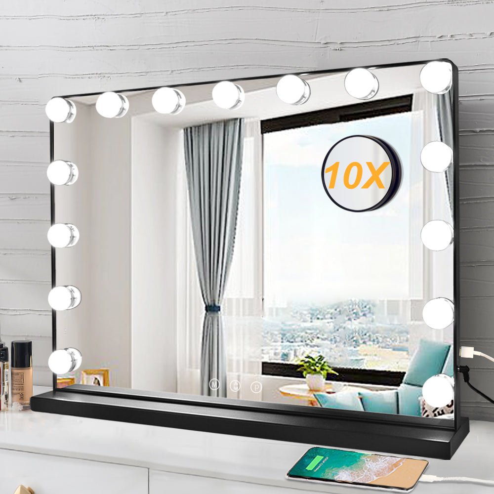 Depuley 23 x 18 Inch LED Makeup Mirror with 3 Color Modes & 15 Dimmable Bulbs - Smart Touch Control Vanity Mirror with 10X Magnification - Perfect for Bedroom, Dressing Room & Bathroom (Black, 58 x 44 cm)