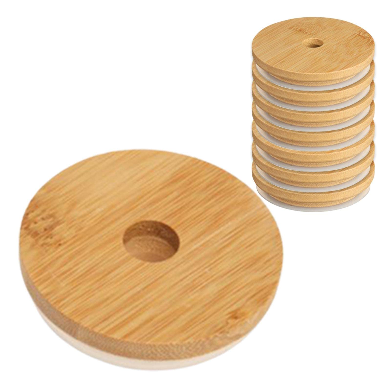 QAHEART 70mm Bamboo Jar Lids with Straw Hole - Eco-Friendly Wooden Mason Jar Lids for Wide & Regular Mouth Canning Jars | Durable, Easy to Clean | Perfect for Iced Coffee, Smoothies & DIY Home Storage