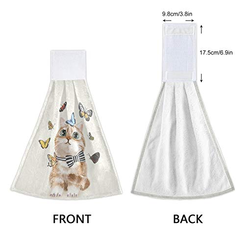 Cute Cat Kitten Kitchen Hanging Hand Towels - 2 Pack Absorbent Butterfly Tie Towels with Loops for Bathroom, Kitchen & Home Decor | Perfect for Gifts, Housewarming & Summer Decorations