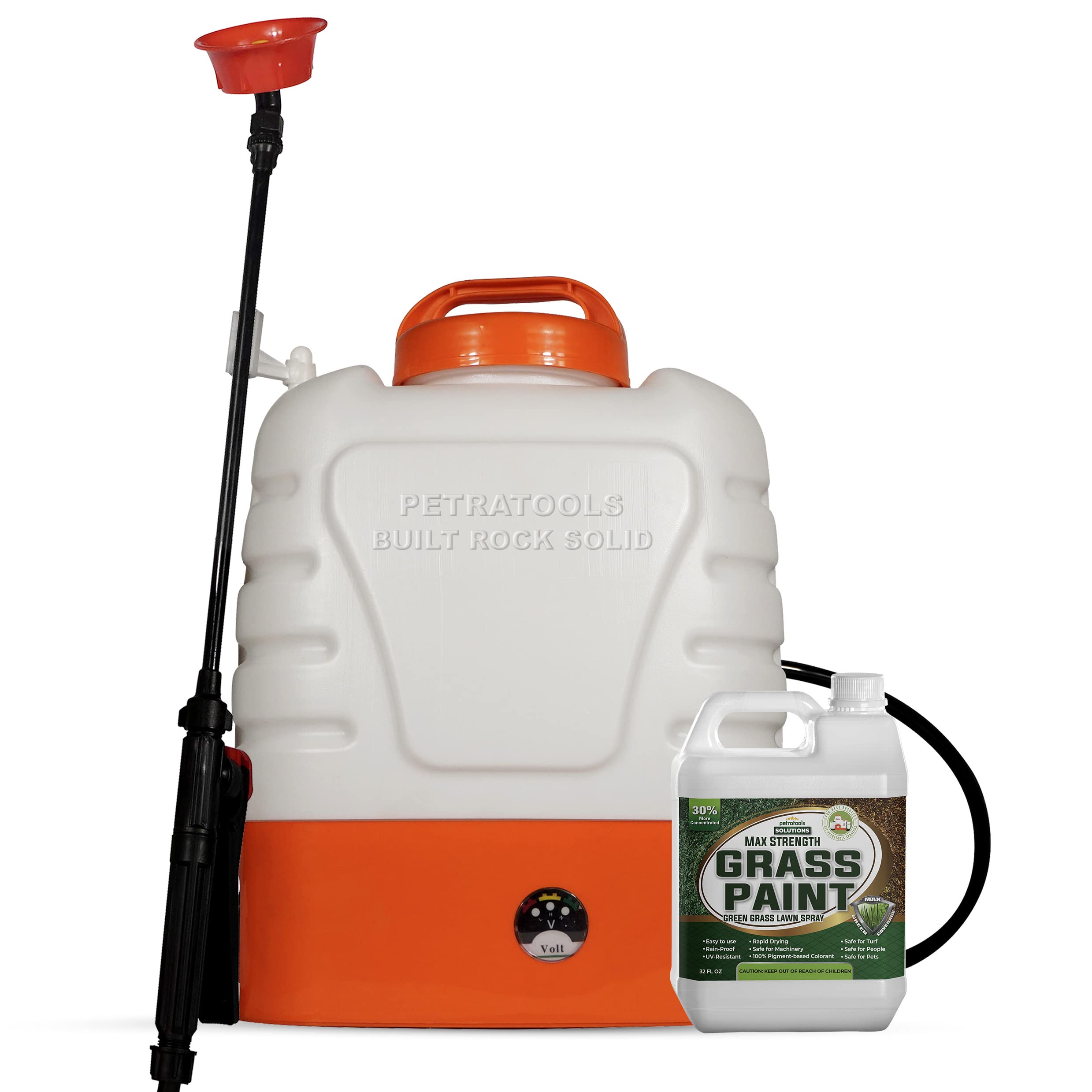 PetraTools 2-Gallon Battery Powered Backpack Sprayer with 32oz Grass Paint - Lawn Care, Weed Control & Landscaping Equipment for Home Garden and Professional Use