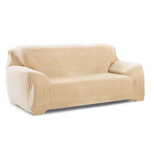 Elastic Sofa Covers for 3 Seater Couches - Velvet Stretchable Slipcovers in Cream | Thick Protective Sofa Cover for Living Room, Family Room & Home Decor