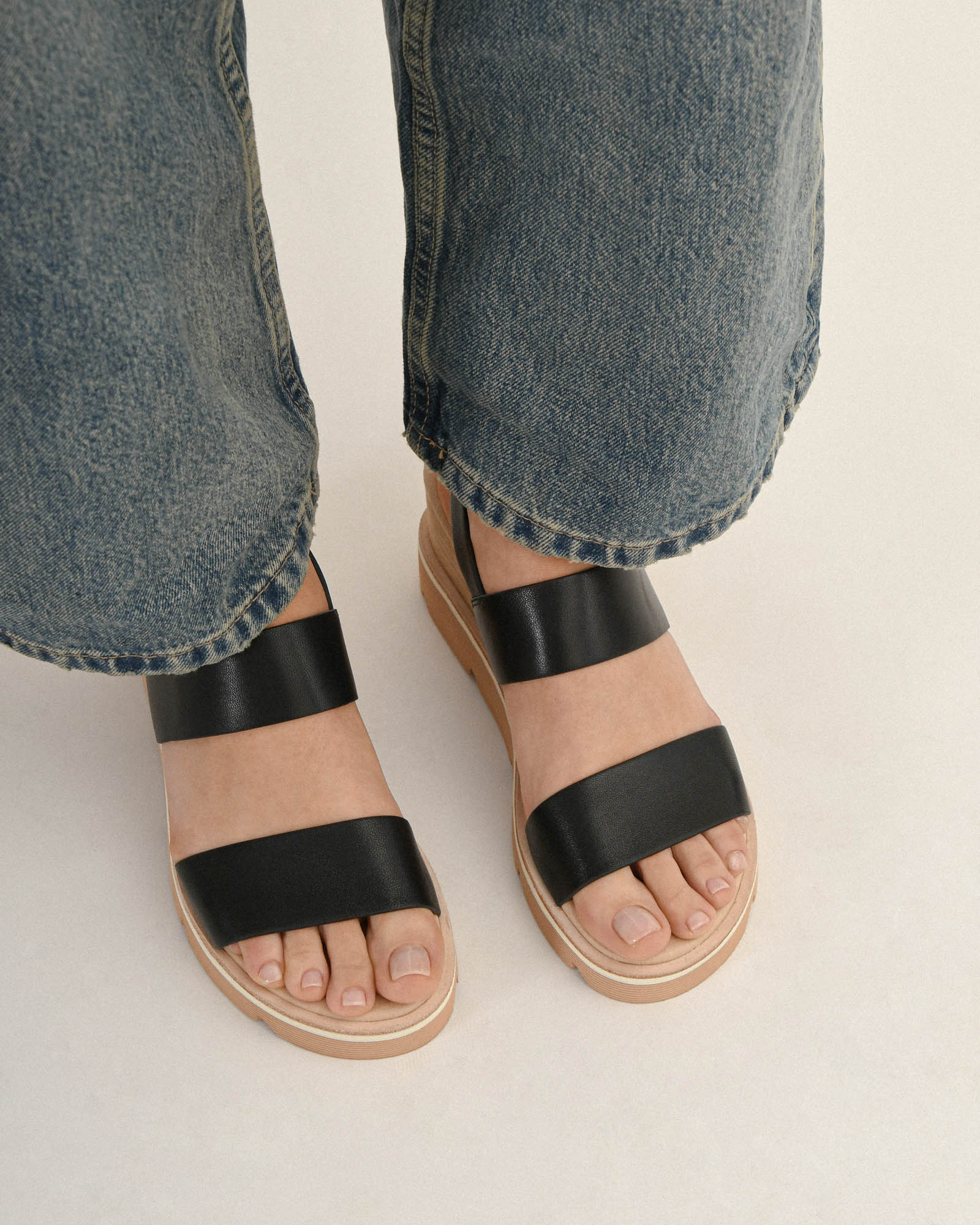 KINNEY Women's Black Leather Wedge Sandals - Comfortable & Stylish for Summer, Beach, and Casual Outings