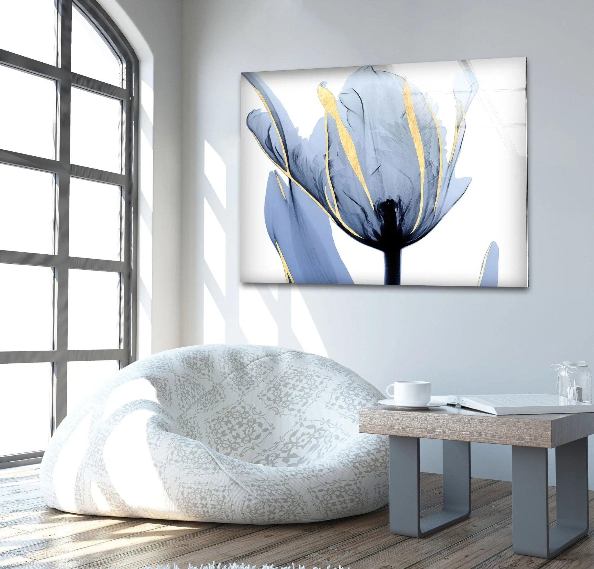 Albert Koetsier Blue Tulip Flower Glass Wall Art - Handcrafted Stained Glass Window Decor for Home, Office & Gift - Perfect for Living Room, Bedroom & Wedding Decorations