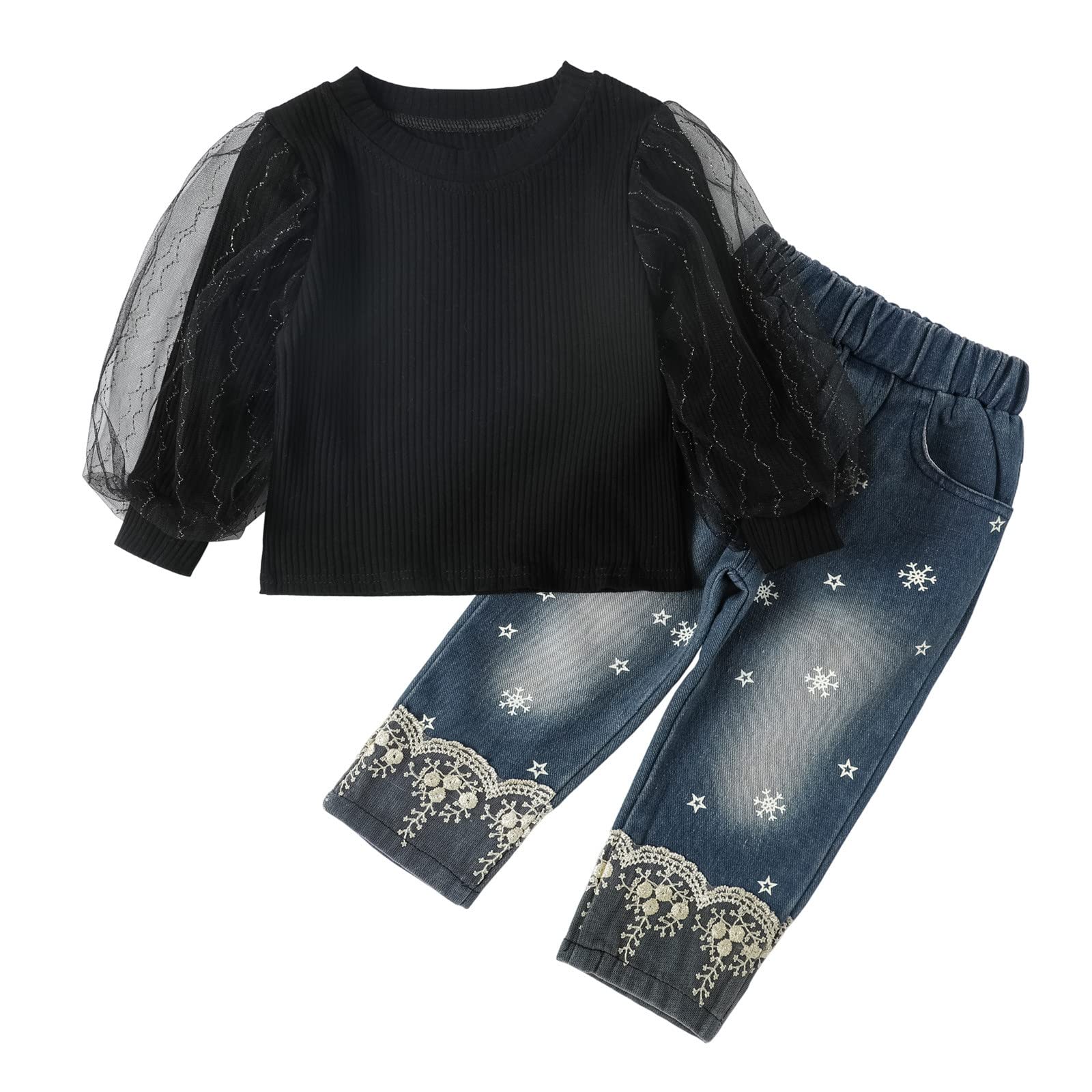 Toddler Girls' Puff Sleeve Lace Ribbed T-Shirt & Denim Jeans Outfit Set - Summer Baby Clothes for Playdates & Photo Shoots