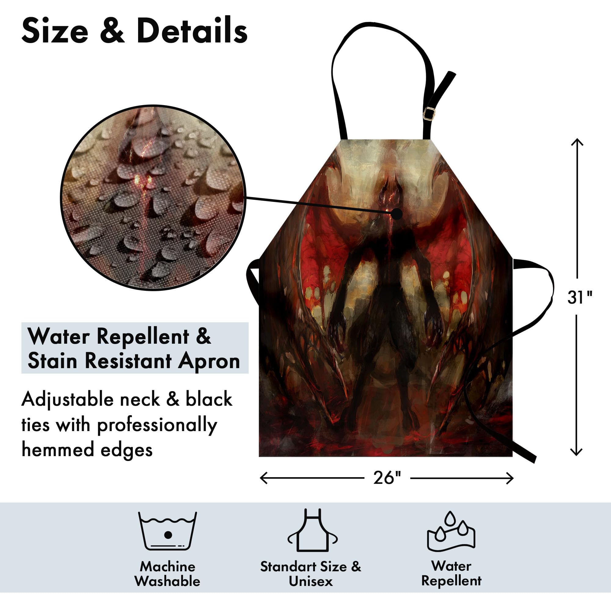 Ambesonne Fantasy World Apron - Devil Shadow with Wings Design, Unisex Adjustable Kitchen Bib Apron for Cooking, Baking, Grilling & Gardening - Perfect for Halloween, Cosplay & Gothic Themed Parties (Red & Grey)