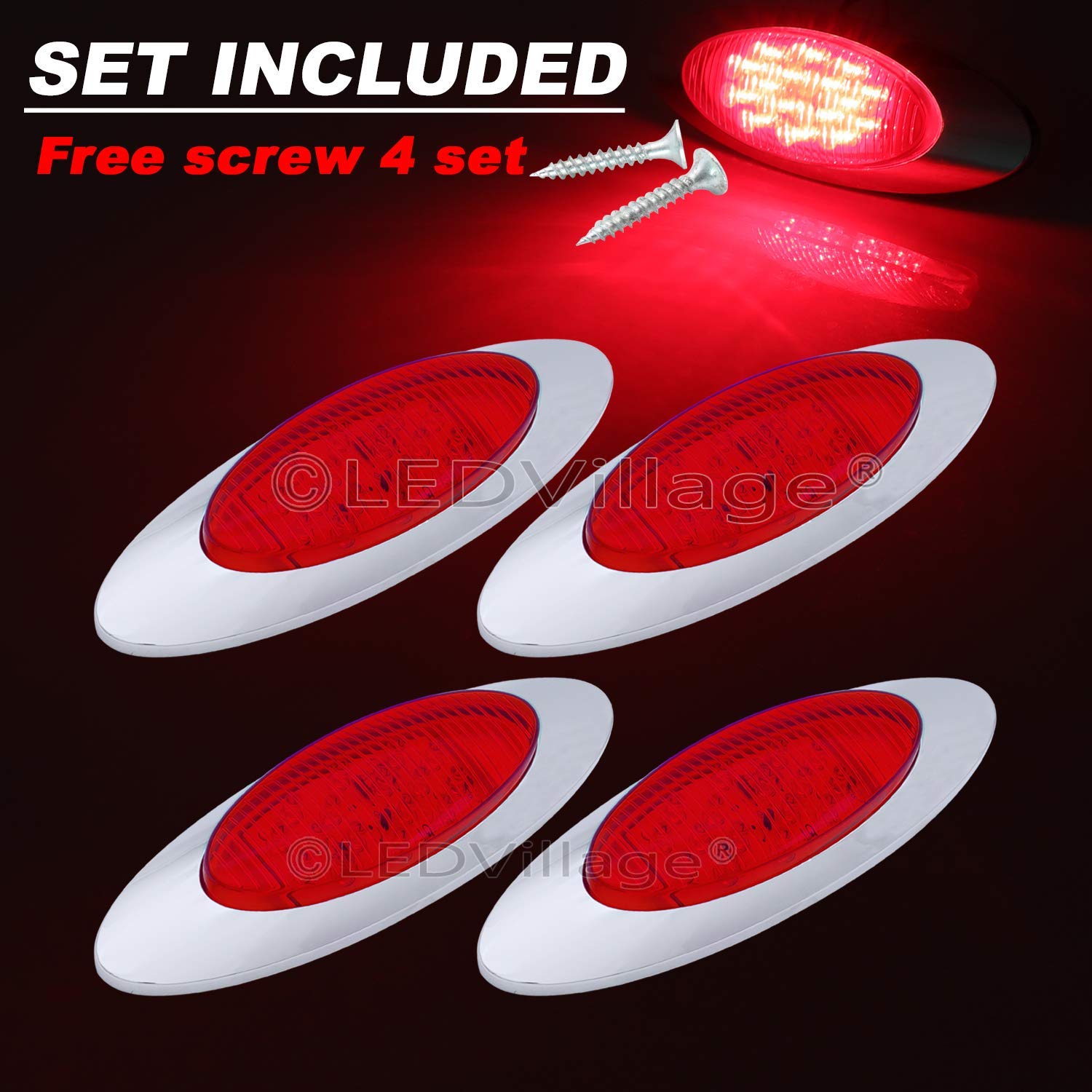 4 Pack 6.5 Inch Red LED Oval Side Marker Lights - 12V DC Waterproof with Chrome Bezel for Trucks, Trailers, Buses & Pickups - Durable Sealed Design for Roof, Cab & Panel Mounting - Perfect for Night Driving & Vehicle Safety Lighting