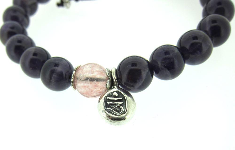 Adjustable Amethyst Wrist Mala Bracelet with Rose Quartz Beads and Om Charm - Meditation, Yoga & Spiritual Healing Jewelry for Stress Relief & Positive Energy