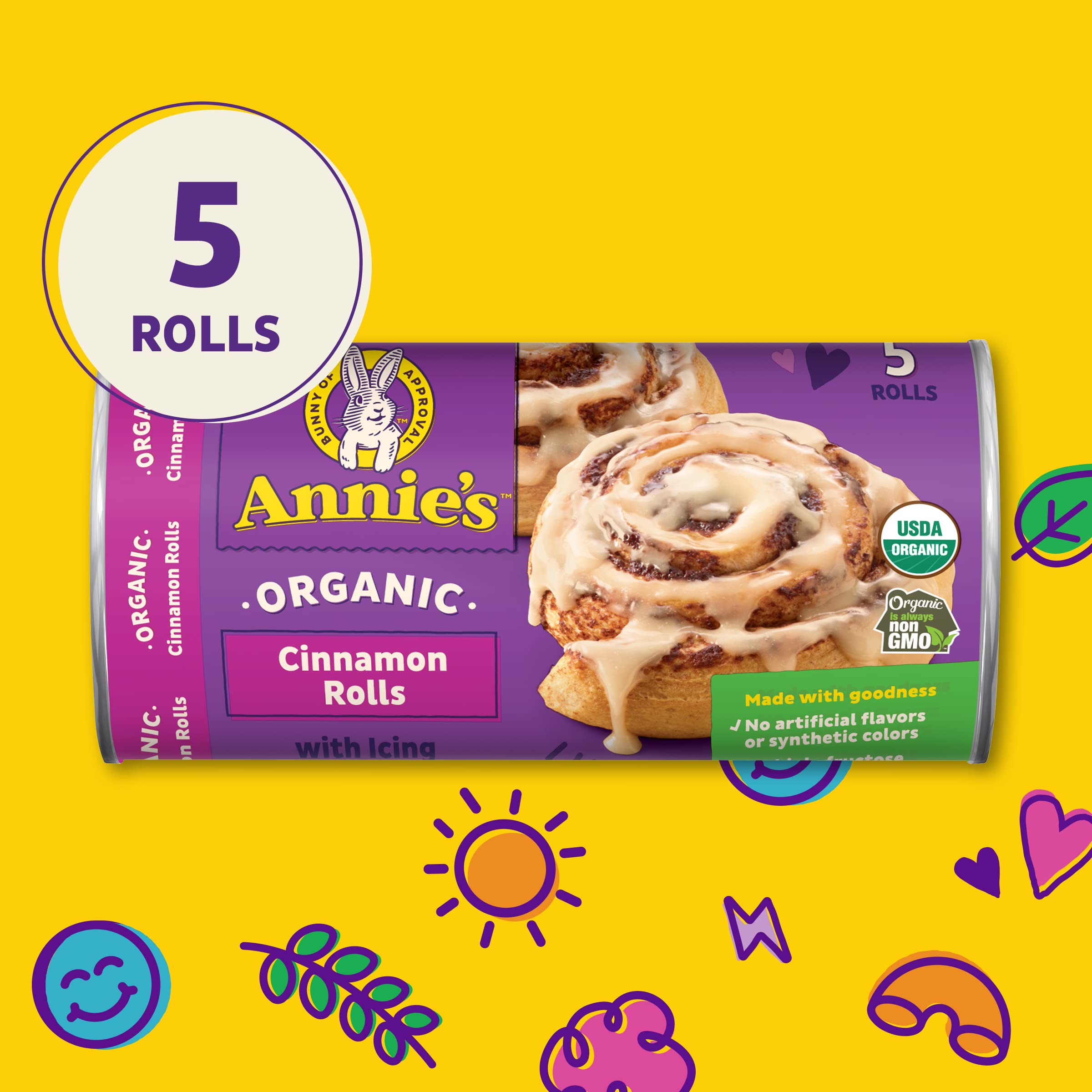 Annie's Organic Cinnamon Rolls with Icing - 5 Pack (17.5 oz) | Refrigerated Dough for Easy Baking | Perfect for Breakfast, Brunch & Holiday Treats