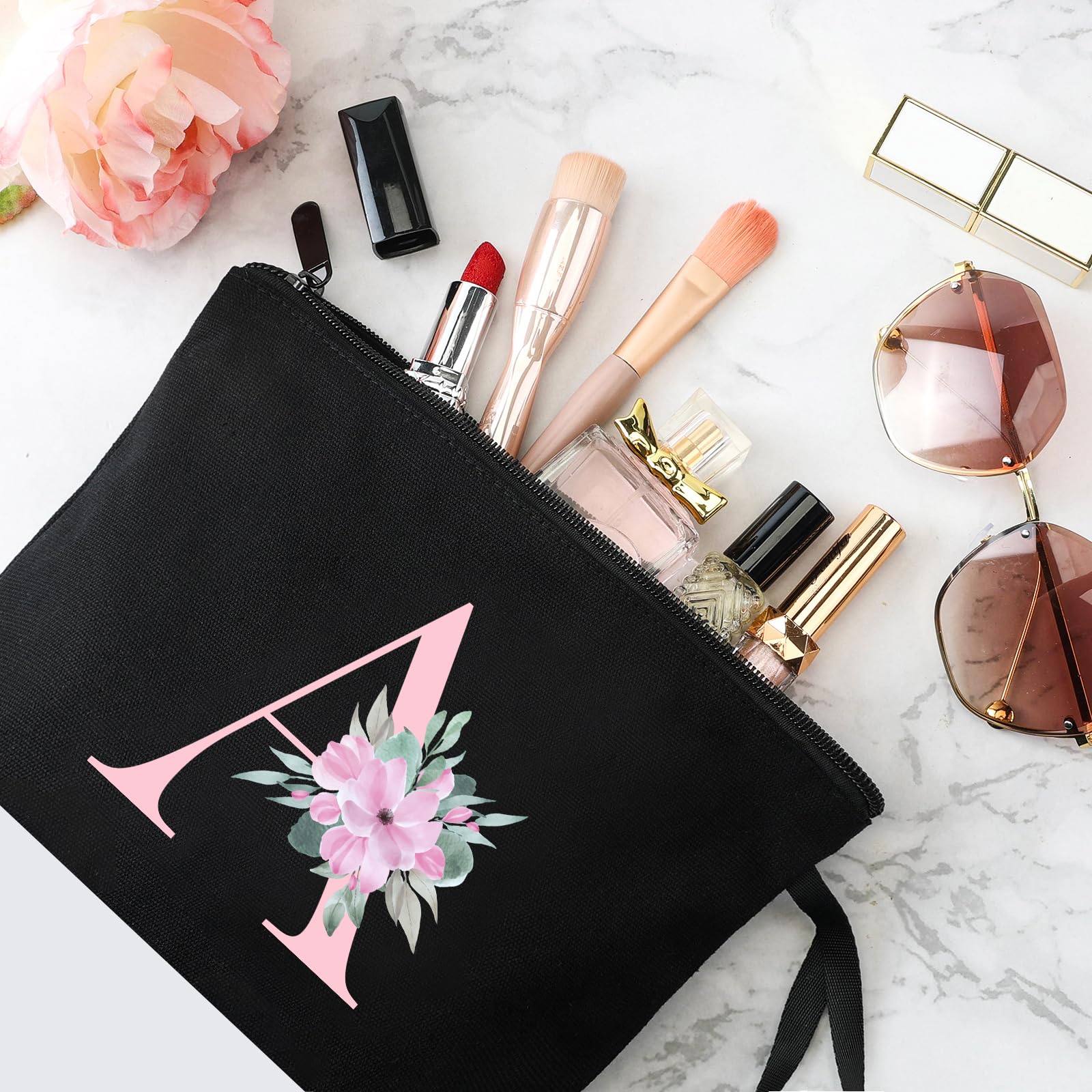 Personalized Makeup Bag for Women - Custom Monogram Cosmetic Pouch for Mom, Best Friend, Bride & Bridesmaid - Great Birthday Gift (A, Black) - Perfect for Travel, Bridal Shower & Everyday Use