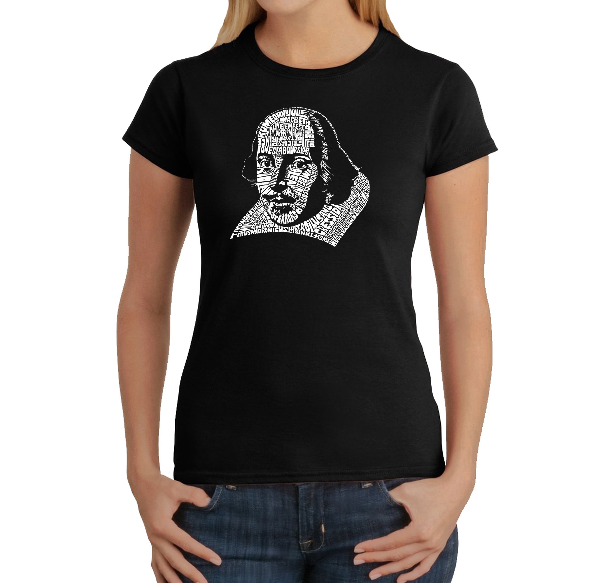 LA POP ART Women's Word Art T-Shirt - Featuring All William Shakespeare's Comedies & Tragedies | Vintage Literary Tee for Book Lovers & Theater Fans | Perfect for Shakespeare Festivals, Book Clubs & Theater Outings