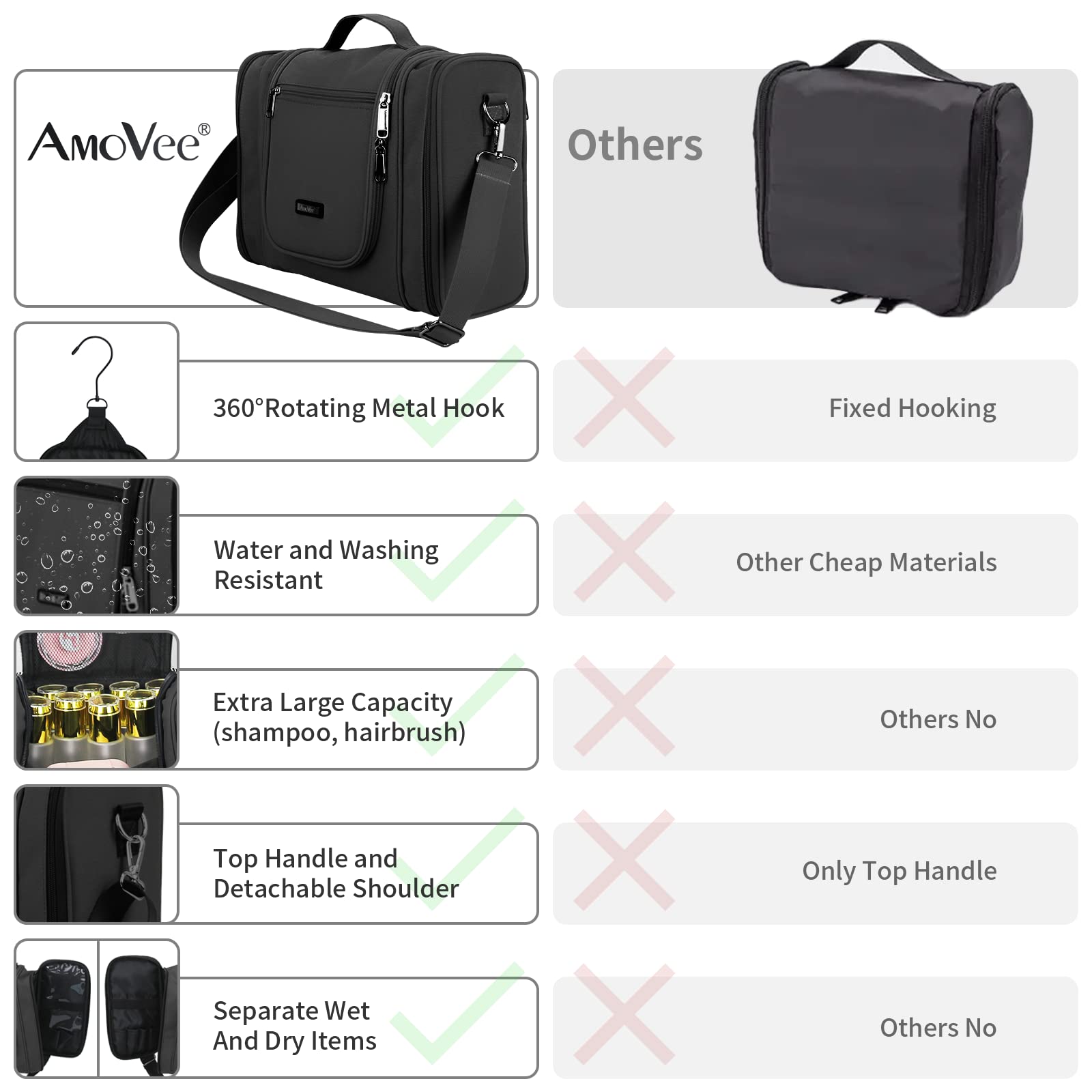 AmoVee Extra Large Hanging Toiletry Bag for Travel - Waterproof Cosmetic Organizer for Women & Men, Perfect for Makeup, Toiletries, Shower Essentials - Ideal for Camping, Gym, Business Trips & Vacation
