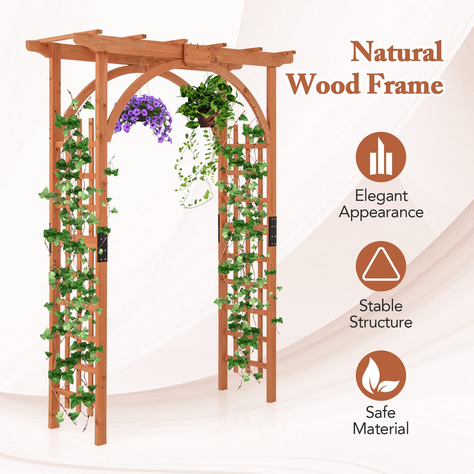 Happygrill 84 Inch Wooden Garden Arbor with Decorative Hanging Roof & Climbing Trellis - Outdoor Archway Pergola for Climbing Plants, Wedding Decorations, Lawn & Party Events - Perfect for Backyard, Patio and Garden Landscaping
