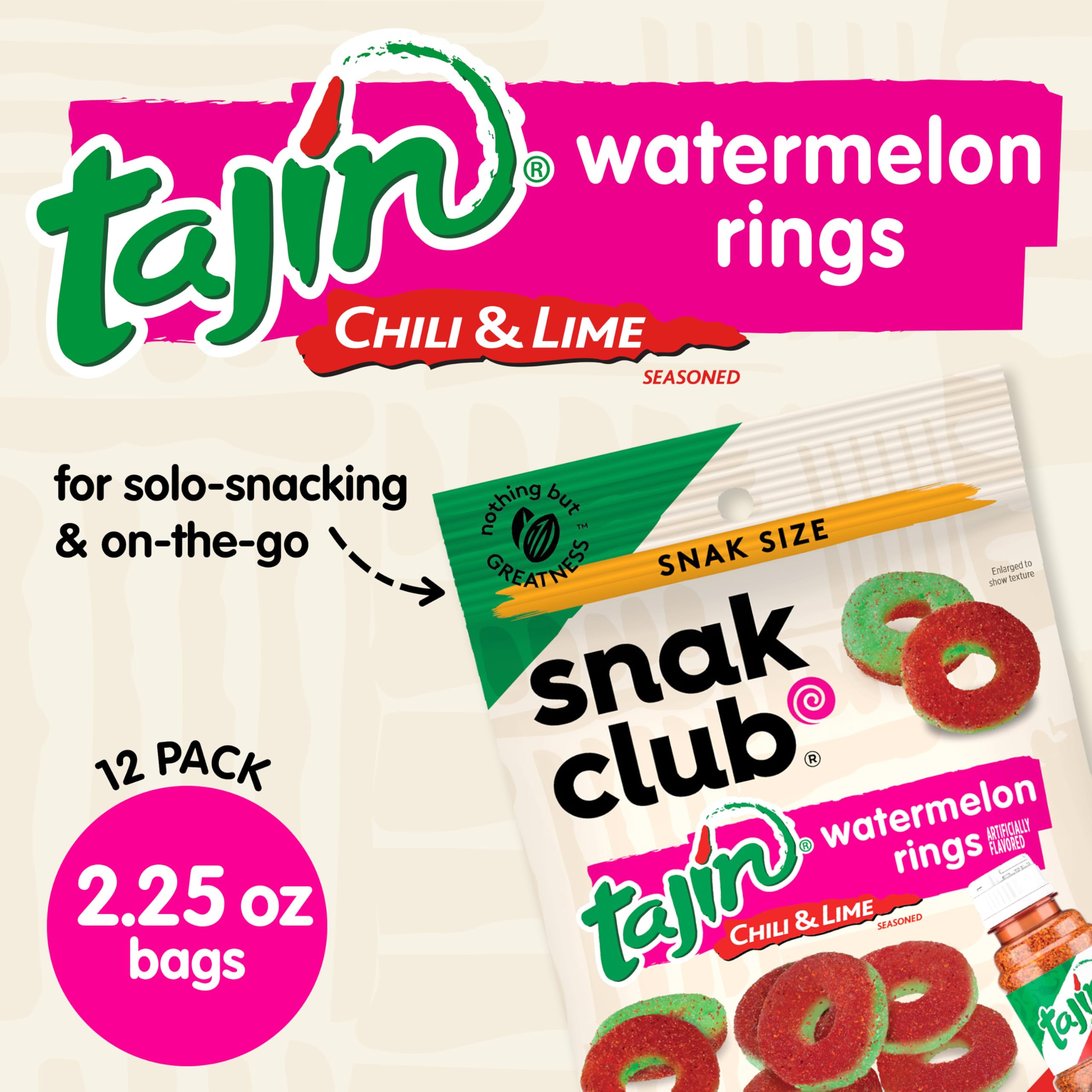 Snak Club Tajin Watermelon Rings Gummy Candy - Chili Lime Flavored Gluten-Free Vegan Snacks (12 Pack, 2.25oz Bags) | Perfect for Movie Nights, Road Trips & Party Favors