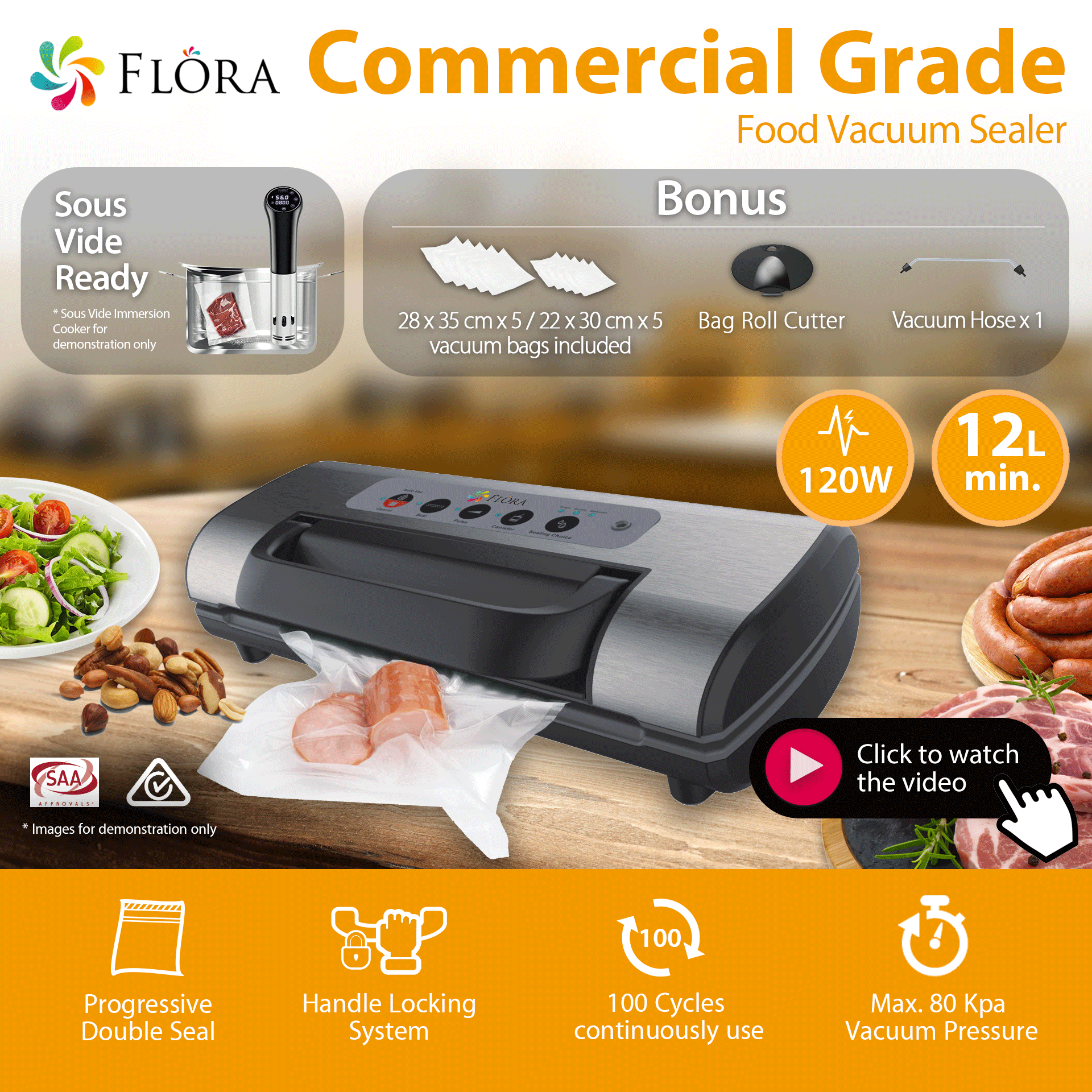 FL FVS 3206 Commercial Food Vacuum Sealer Machine with 22+28 Precut Bags - Heavy Duty Food Saver for Meat, Cheese & Meal Prep - Professional Kitchen & Restaurant Storage Solution