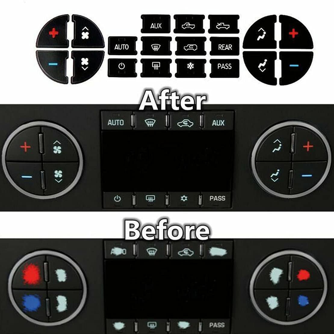 AC Dash Button Repair Kit Sticker - Fix Faded AC Control & Radio Buttons for GMC & Chevrolet Trucks & SUVs | Easy DIY Installation for Restoring Dashboard Functionality