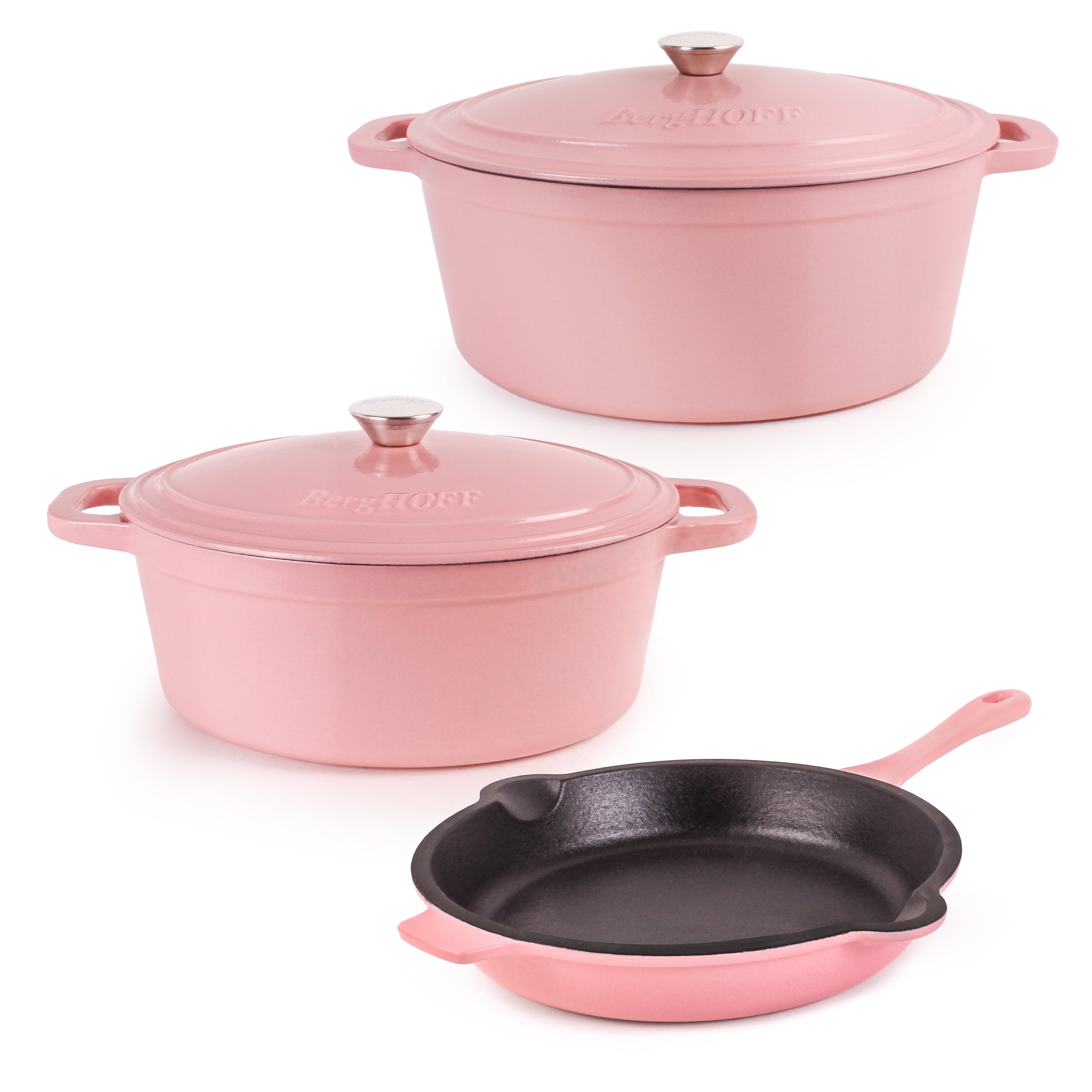 BergHOFF Neo 5-Piece Cast Iron Oval Dutch Oven Set with 10-Inch Fry Pan, 5-Quart & 8-Quart Sizes, Pink - Perfect for Baking, Roasting, and Slow Cooking at Home or Camping
