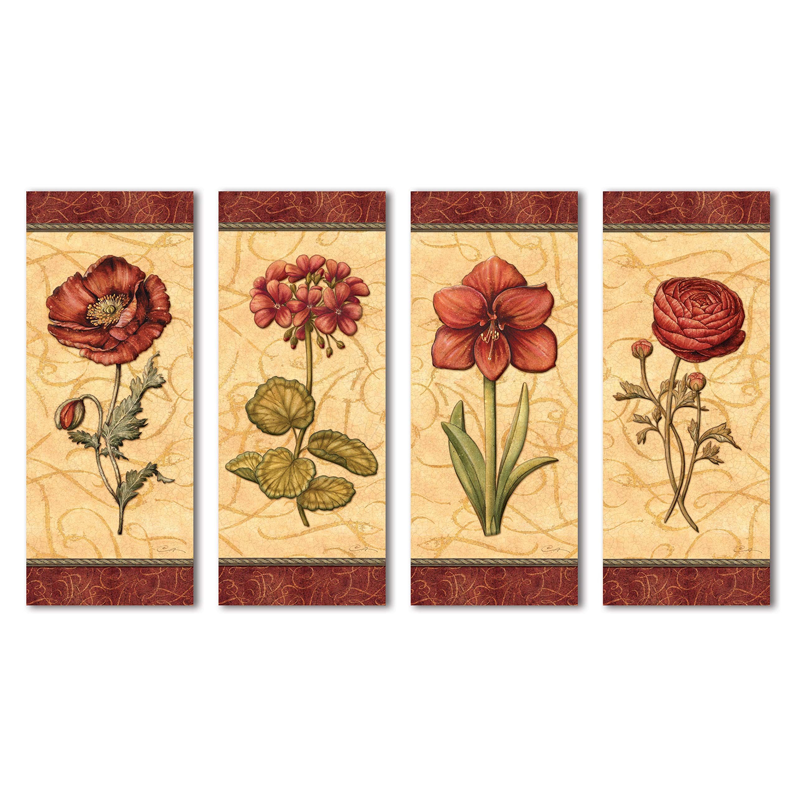 Vintage Red Flower Poster Prints Set of 4 - 8x20 Floral Wall Art Decor for Living Room, Bedroom & Office - Romantic Home Decor Gift Idea